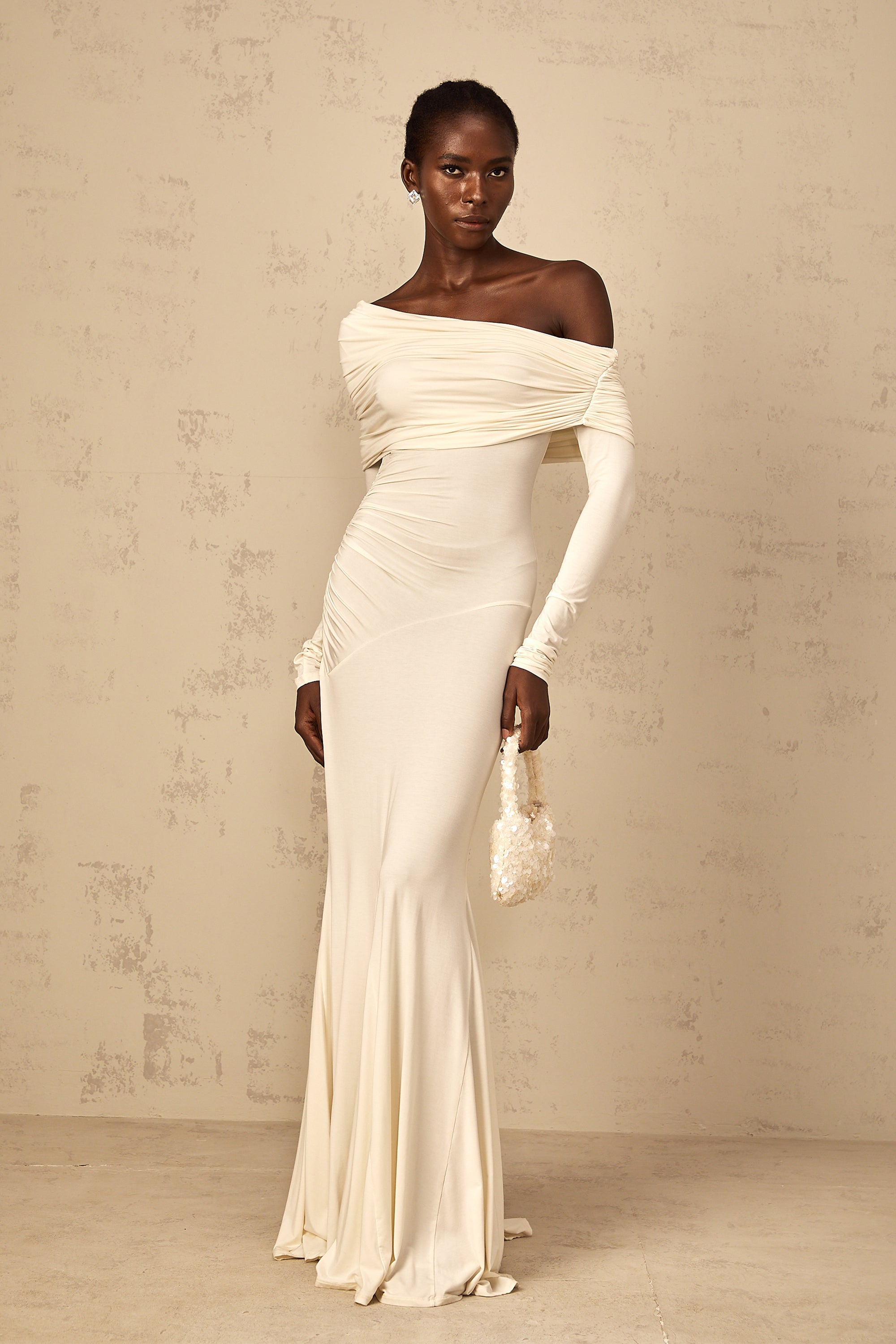 Delphine White Off-Shoulder Ruched Maxi Dress