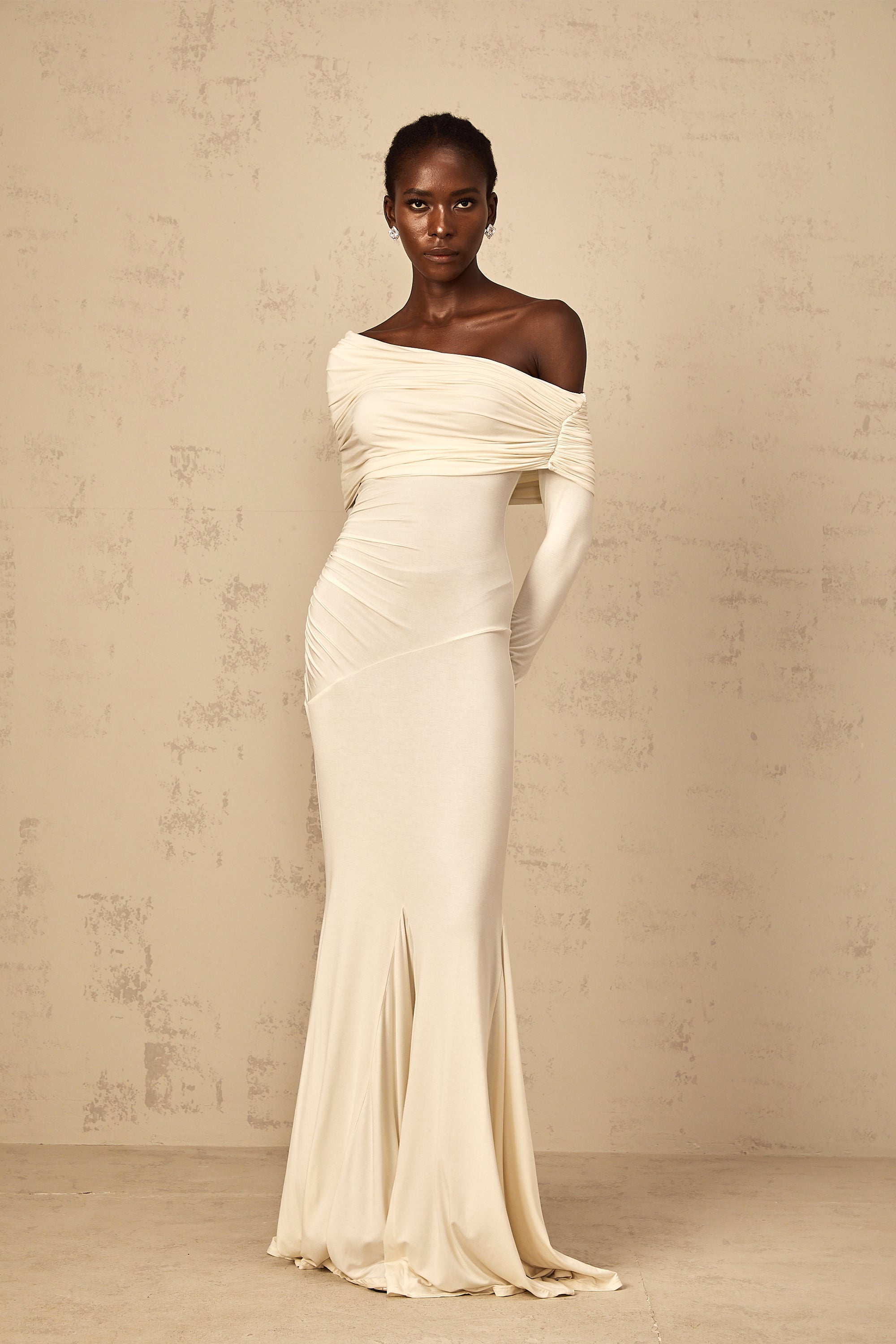 Delphine White Off-Shoulder Ruched Maxi Dress