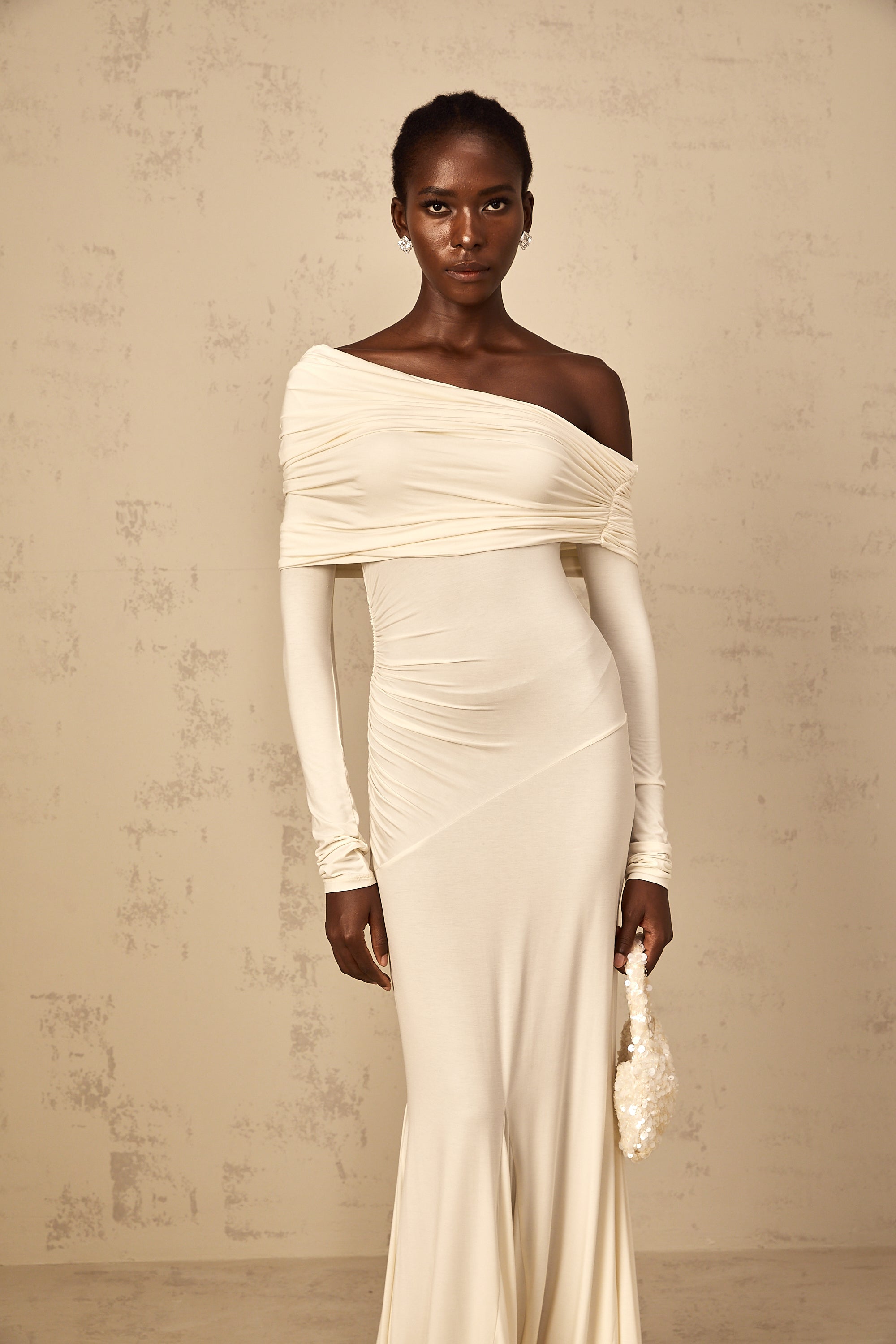 Delphine White Off-Shoulder Ruched Maxi Dress
