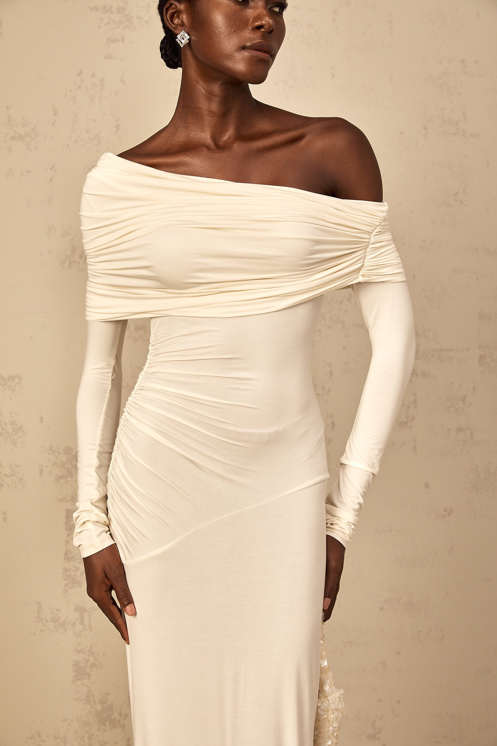 Delphine White Off-Shoulder Ruched Maxi Dress