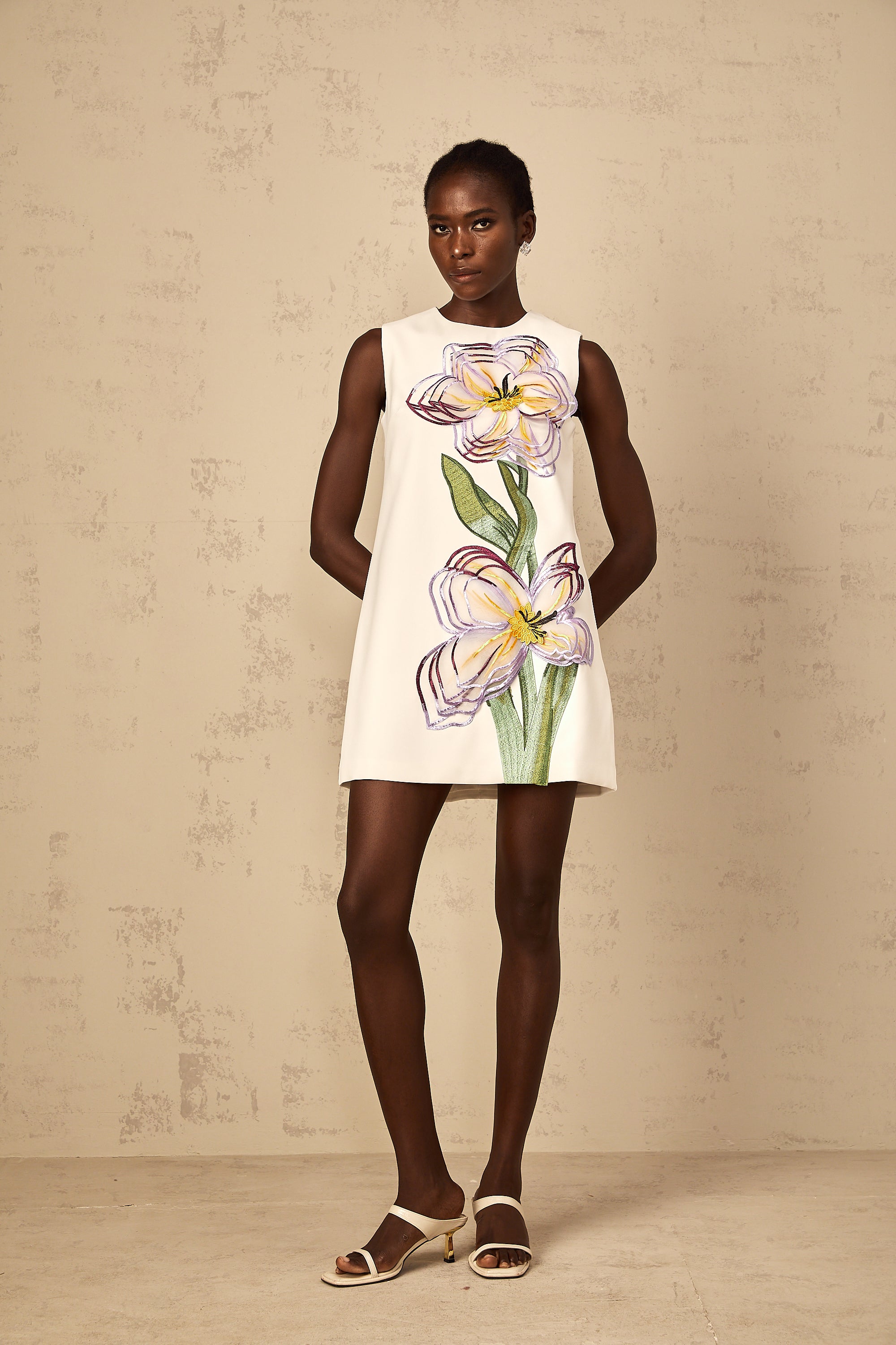 Irène White Sequin Floral Embroidered Mini Dress