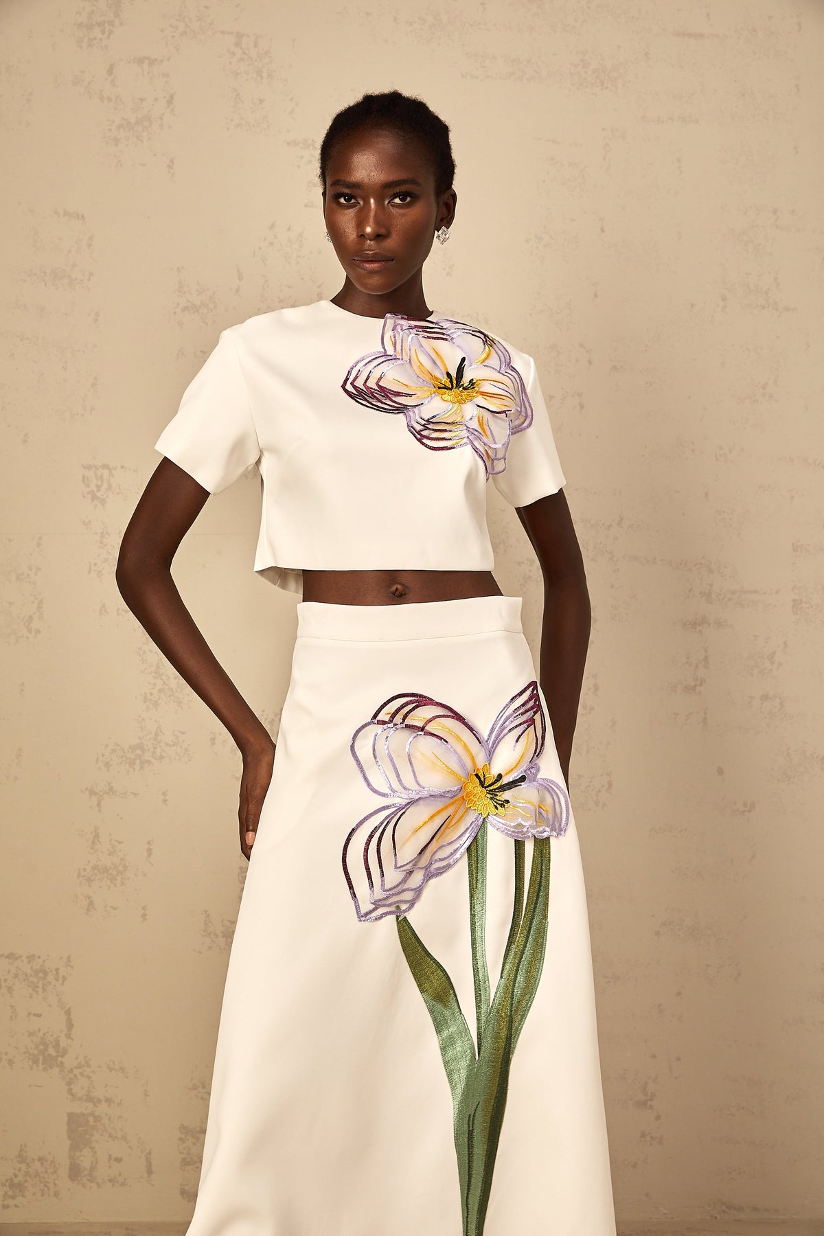 Irène White Sequin Floral Embroidered Matching Set