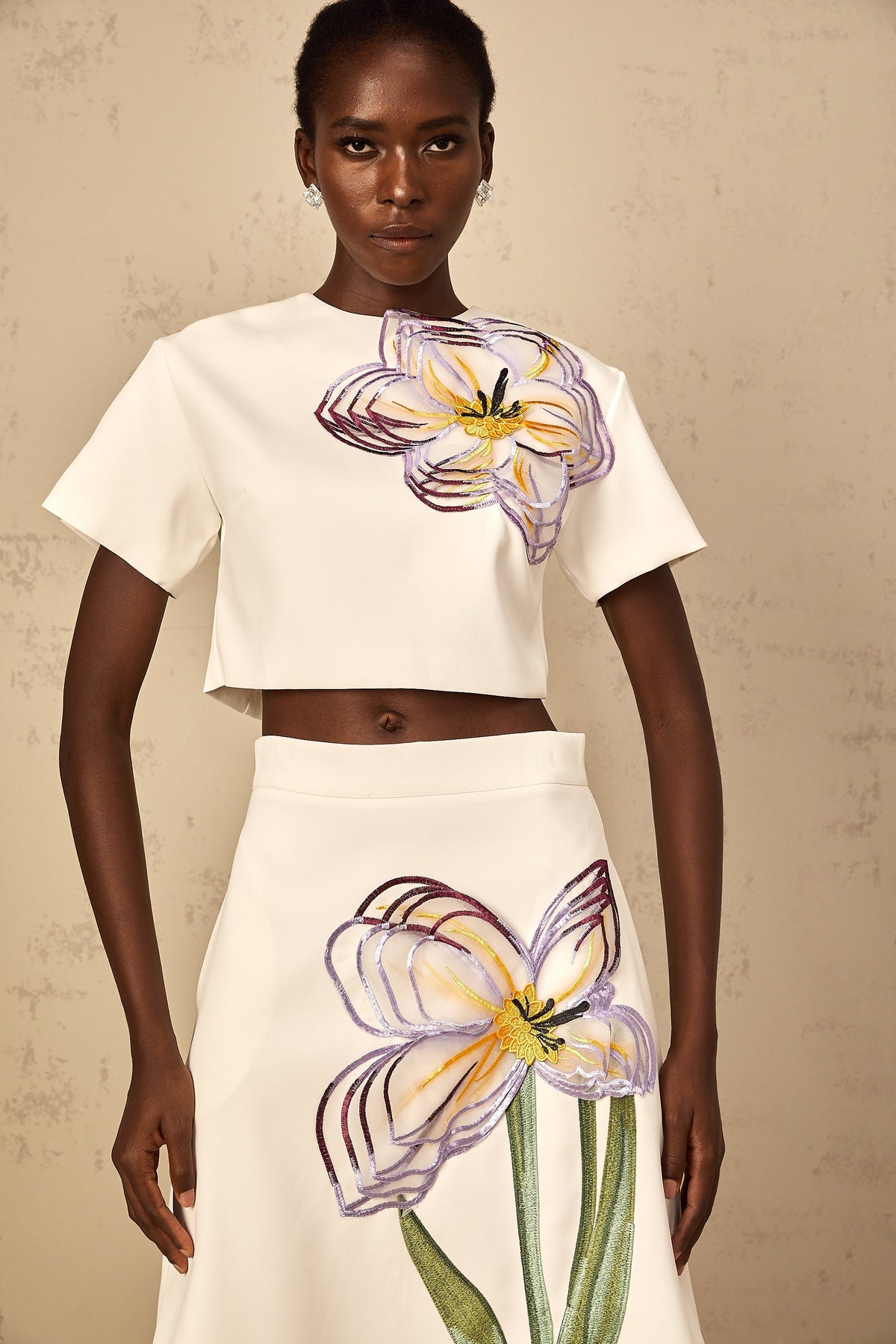 Irène White Sequin Floral Embroidered Matching Set