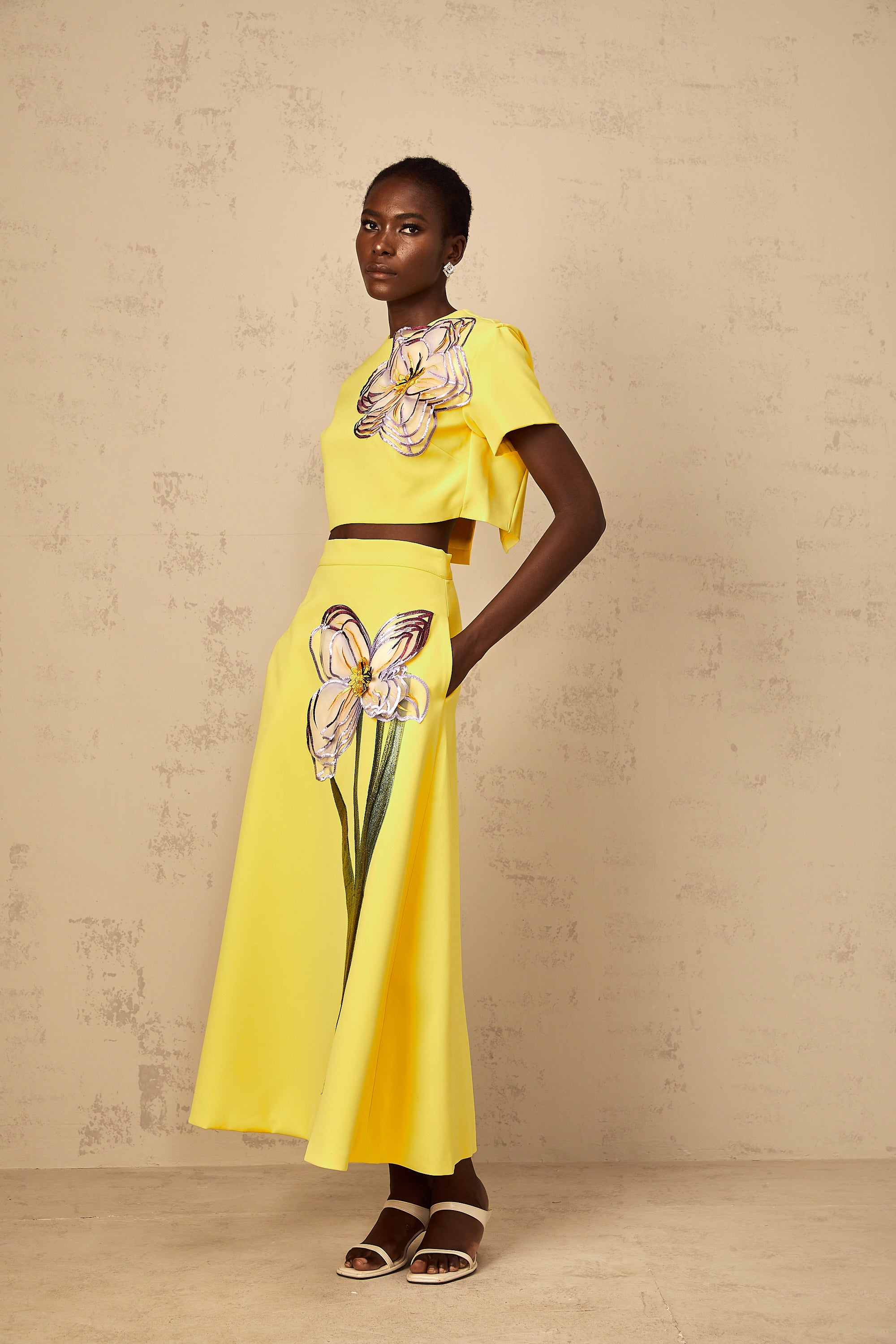 Irène Yellow Sequin Floral Embroidered Matching Set