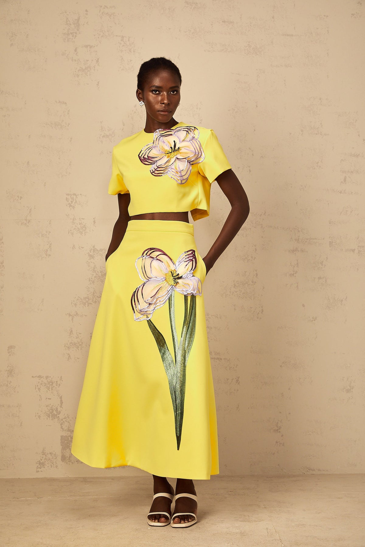 Irène Yellow Sequin Floral Embroidered Matching Set