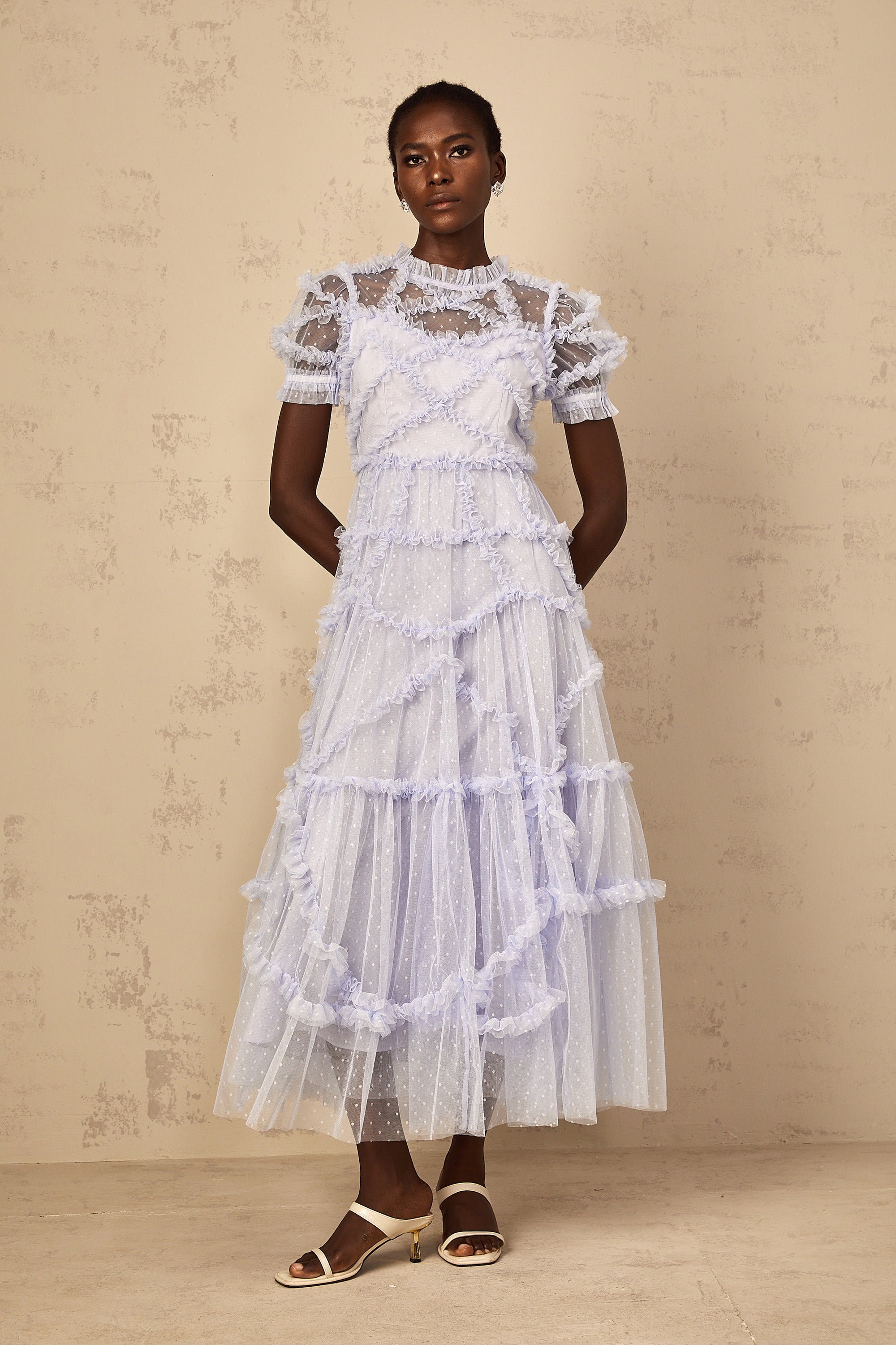 Annabelle Blue Polka Dot Ruffled Tulle Maxi Dress