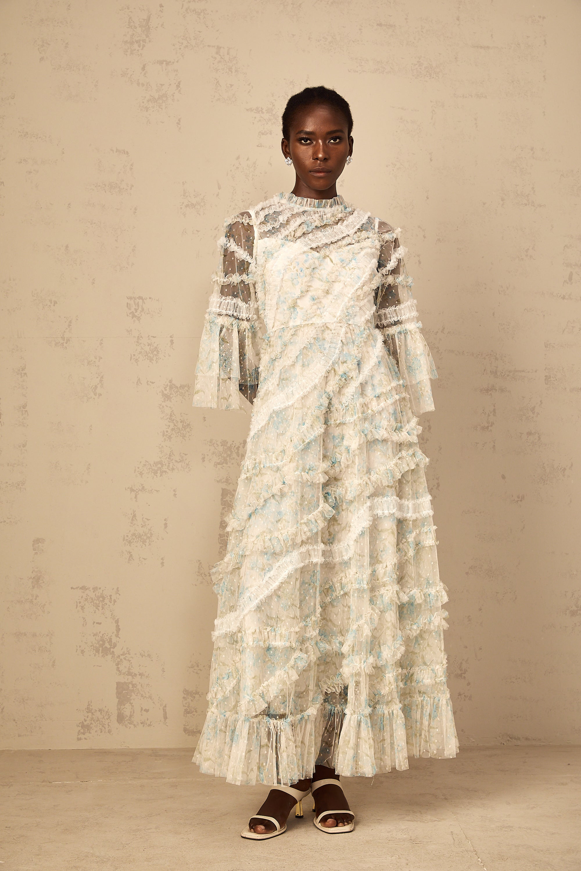Aurianne Blue Floral Print Ruffled Tulle Maxi Dress