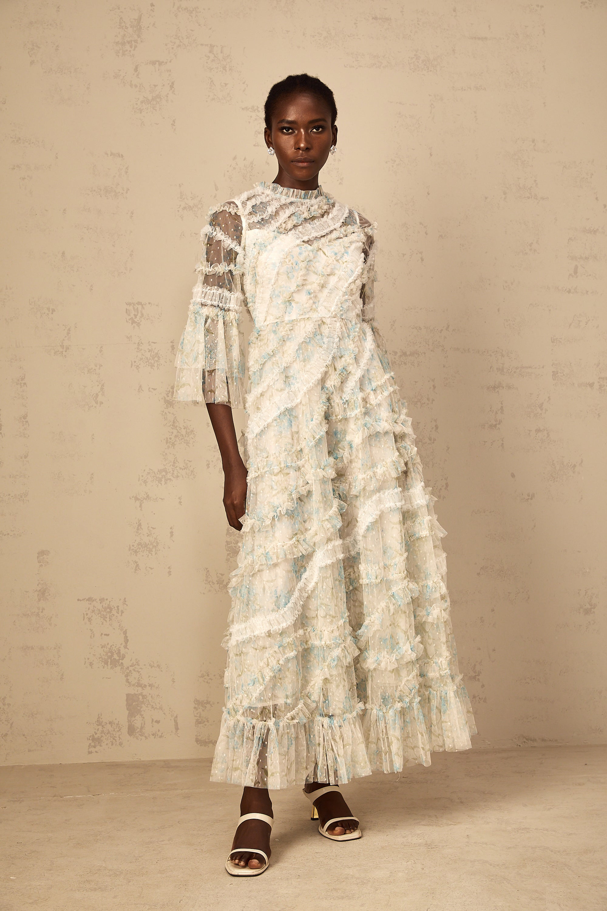 Aurianne Blue Floral Print Ruffled Tulle Maxi Dress