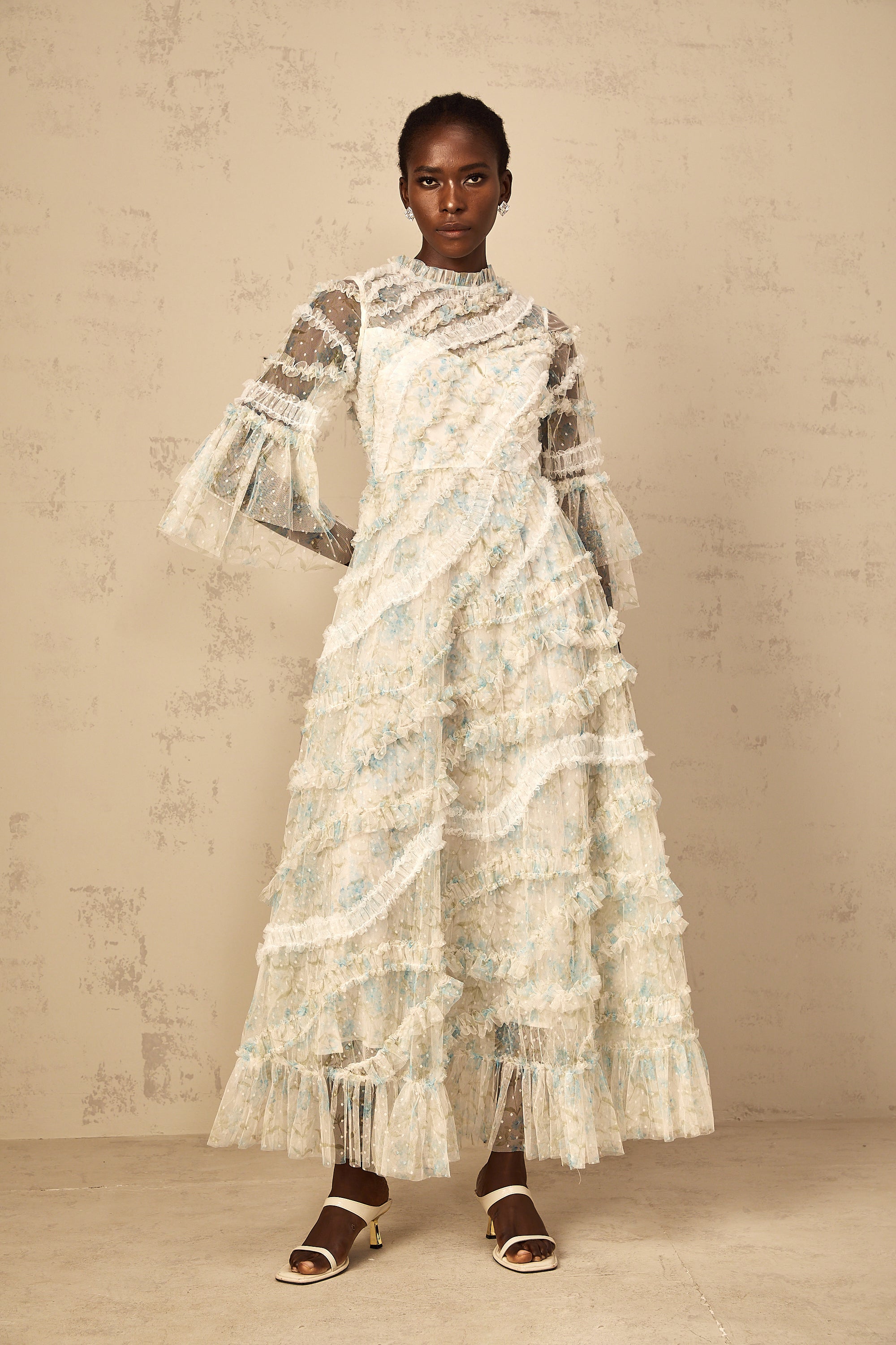 Aurianne Blue Floral Print Ruffled Tulle Maxi Dress