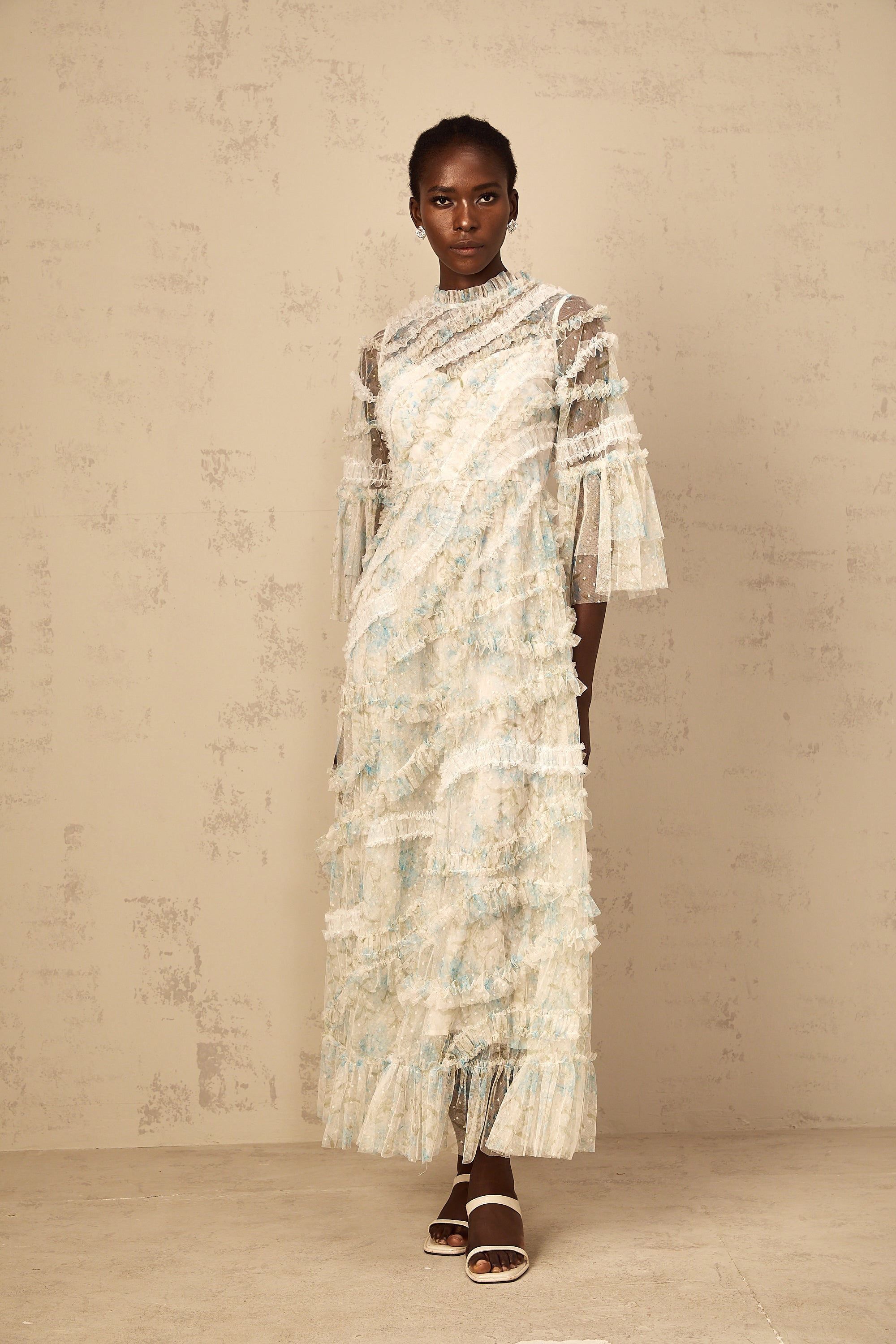 Aurianne Blue Floral Print Ruffled Tulle Maxi Dress
