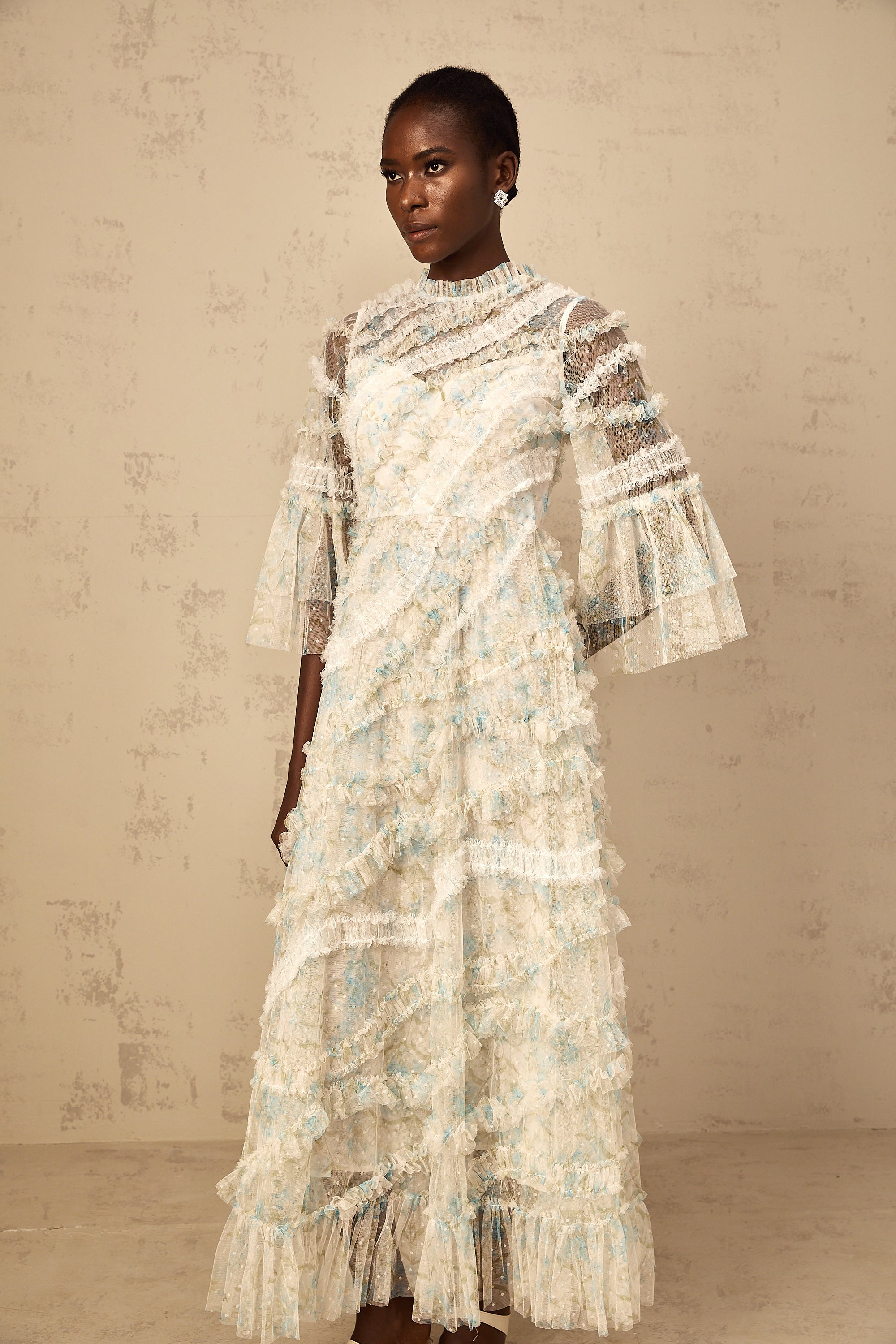 Aurianne Blue Floral Print Ruffled Tulle Maxi Dress