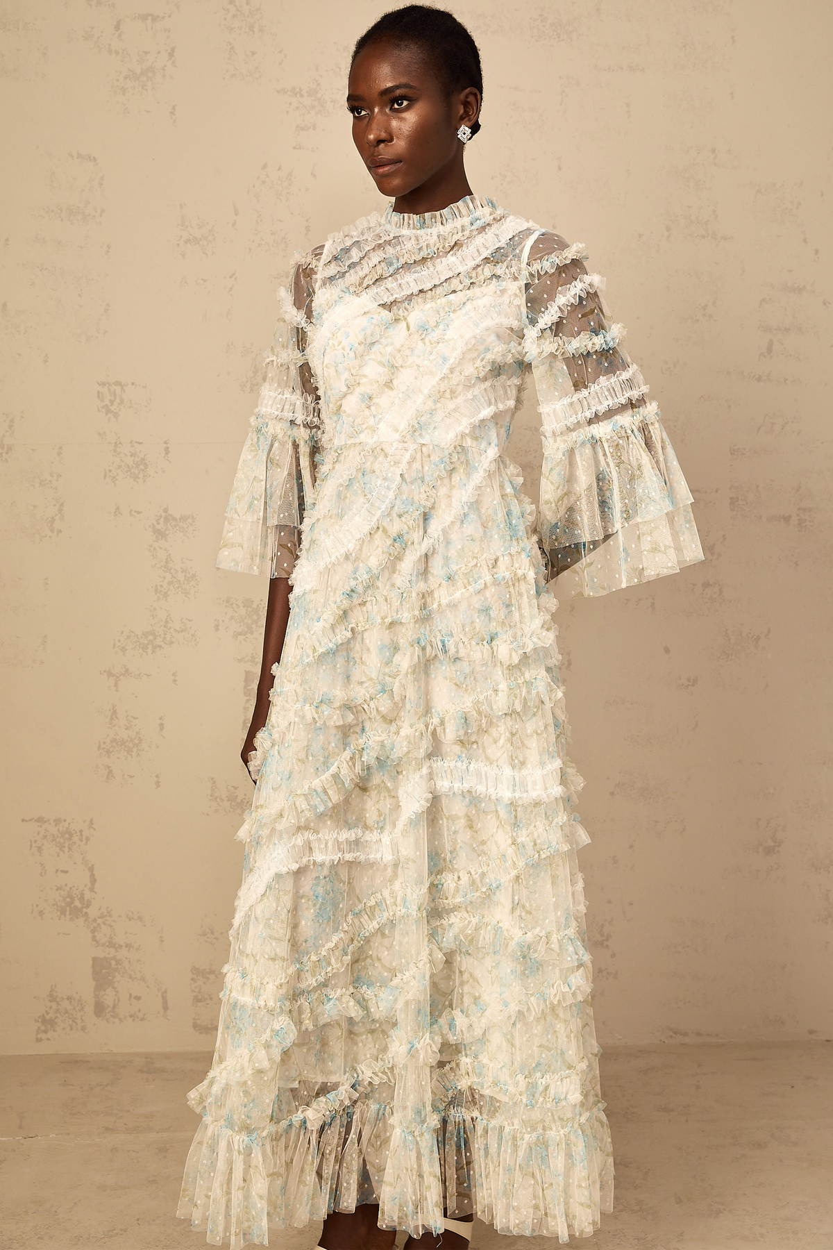 Aurianne Blue Floral Print Ruffled Tulle Maxi Dress