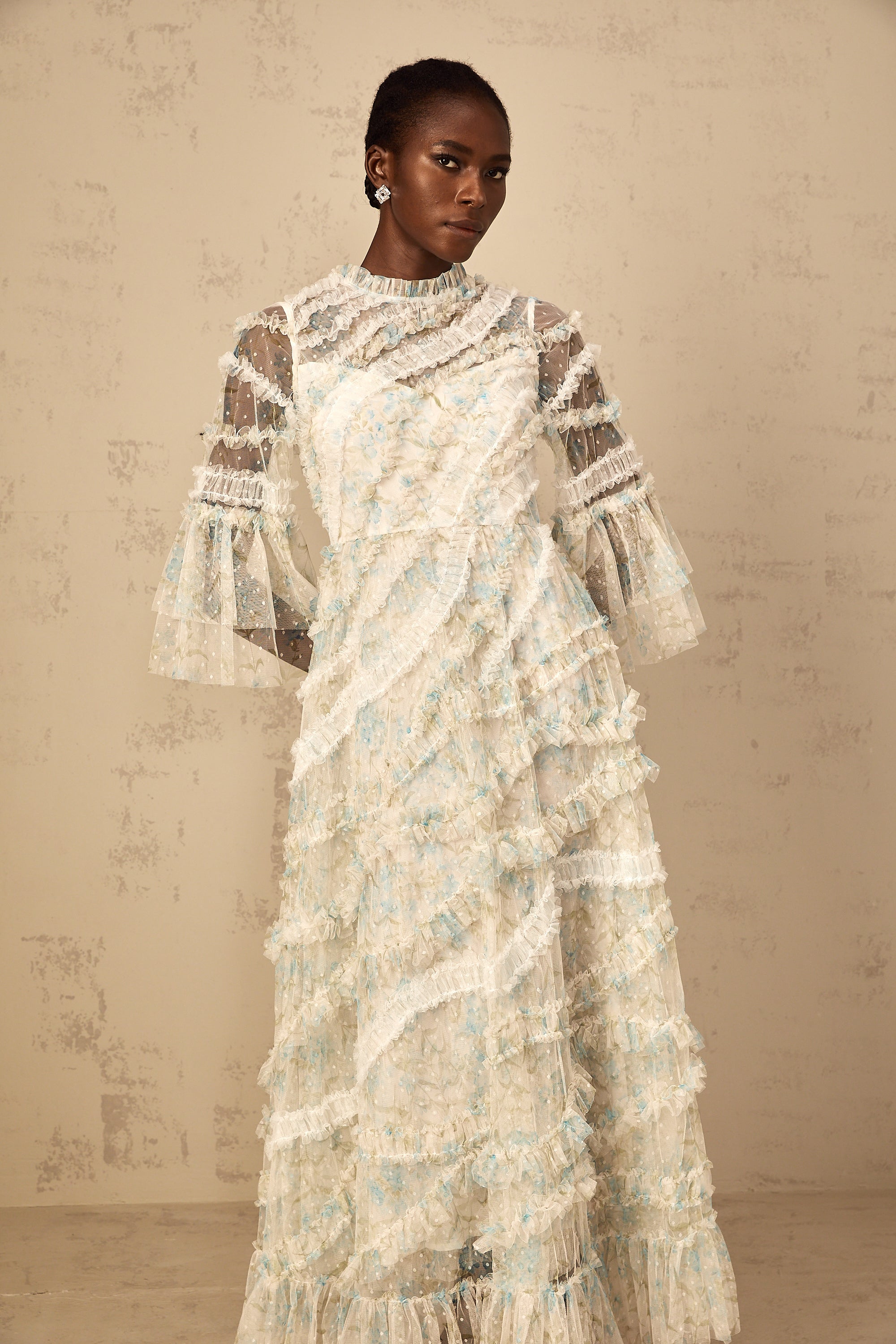 Aurianne Blue Floral Print Ruffled Tulle Maxi Dress