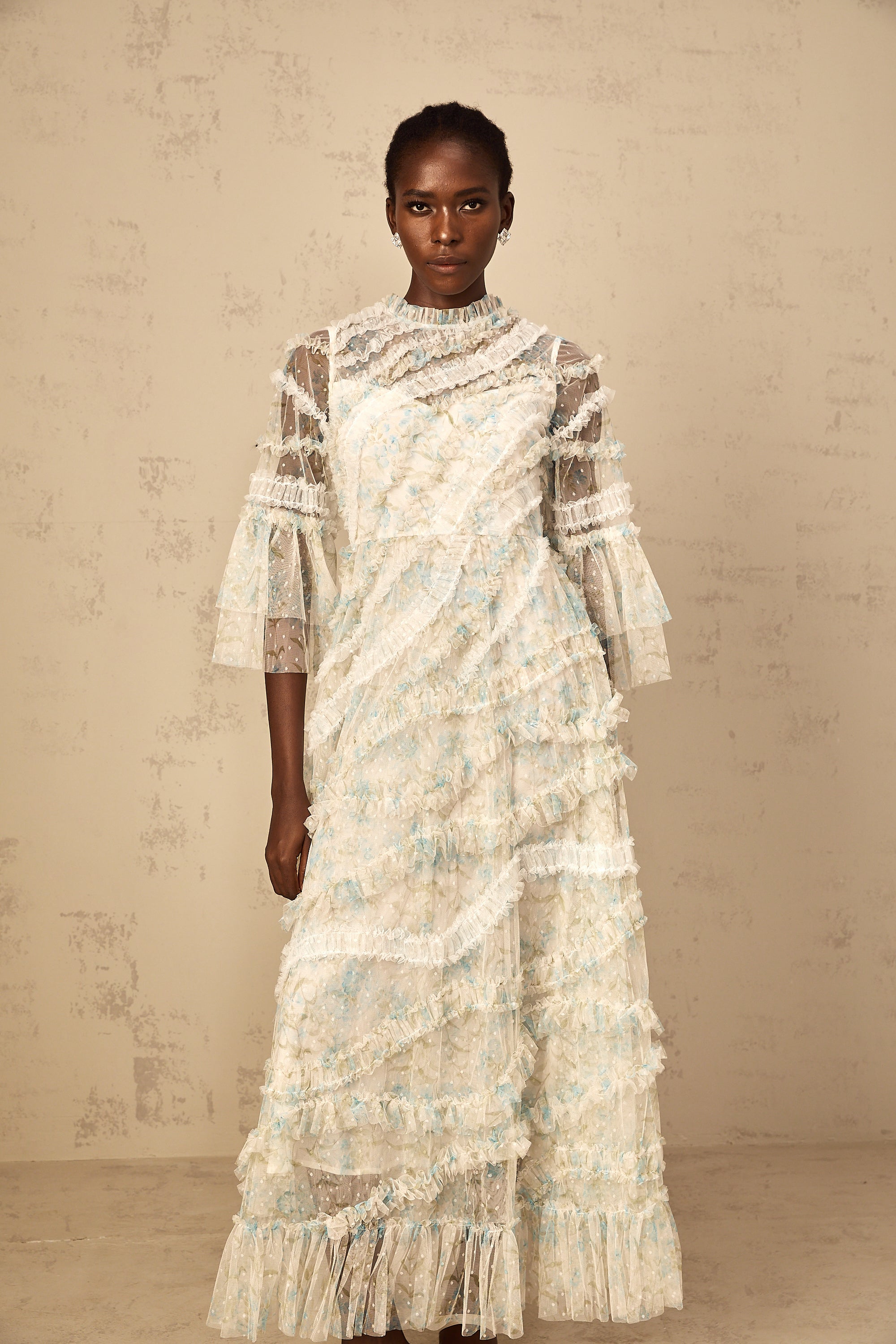 Aurianne Blue Floral Print Ruffled Tulle Maxi Dress