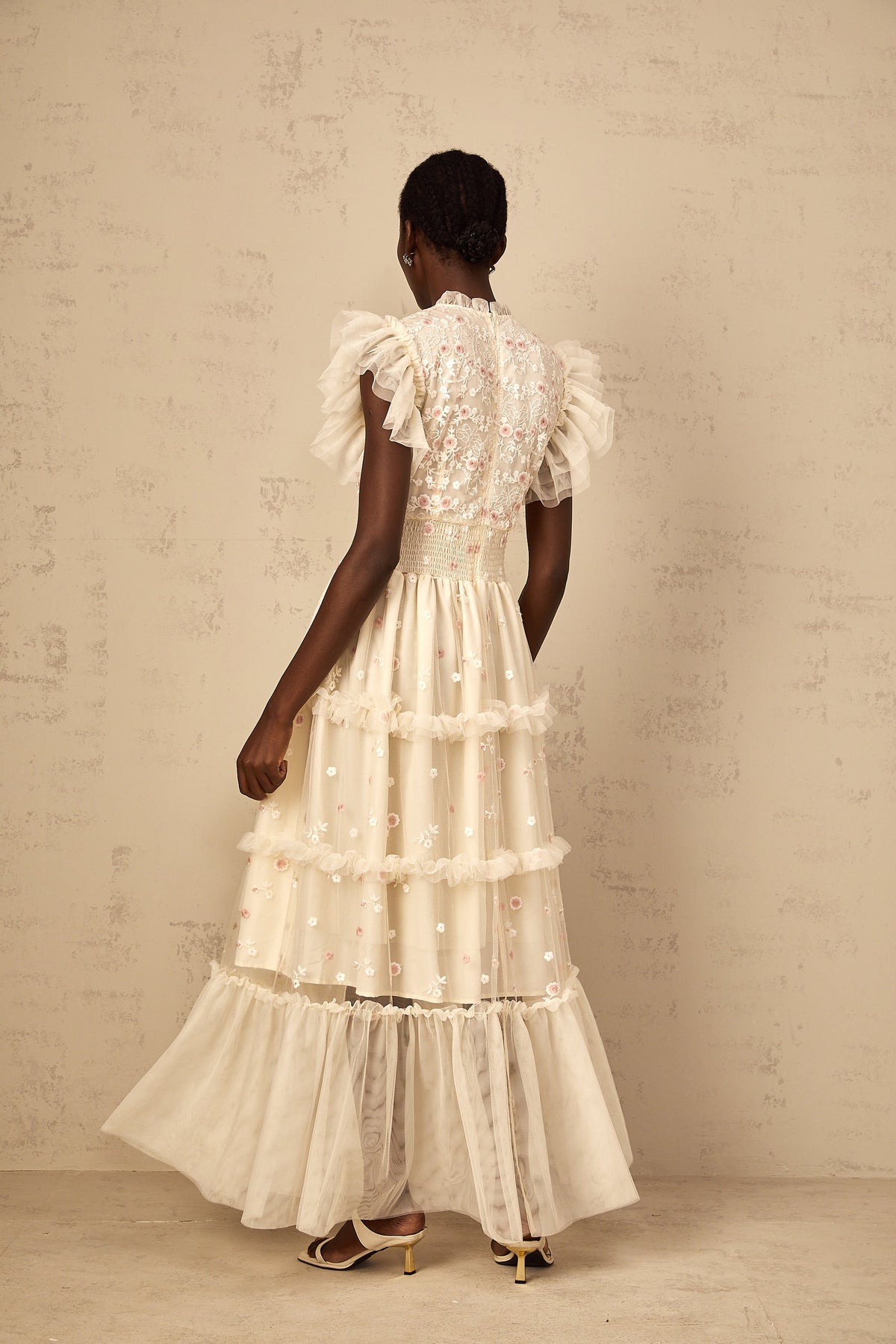 Caméo Cream White Floral Embroidered Tiered Tulle Maxi Dress (Final Sale-US Only)