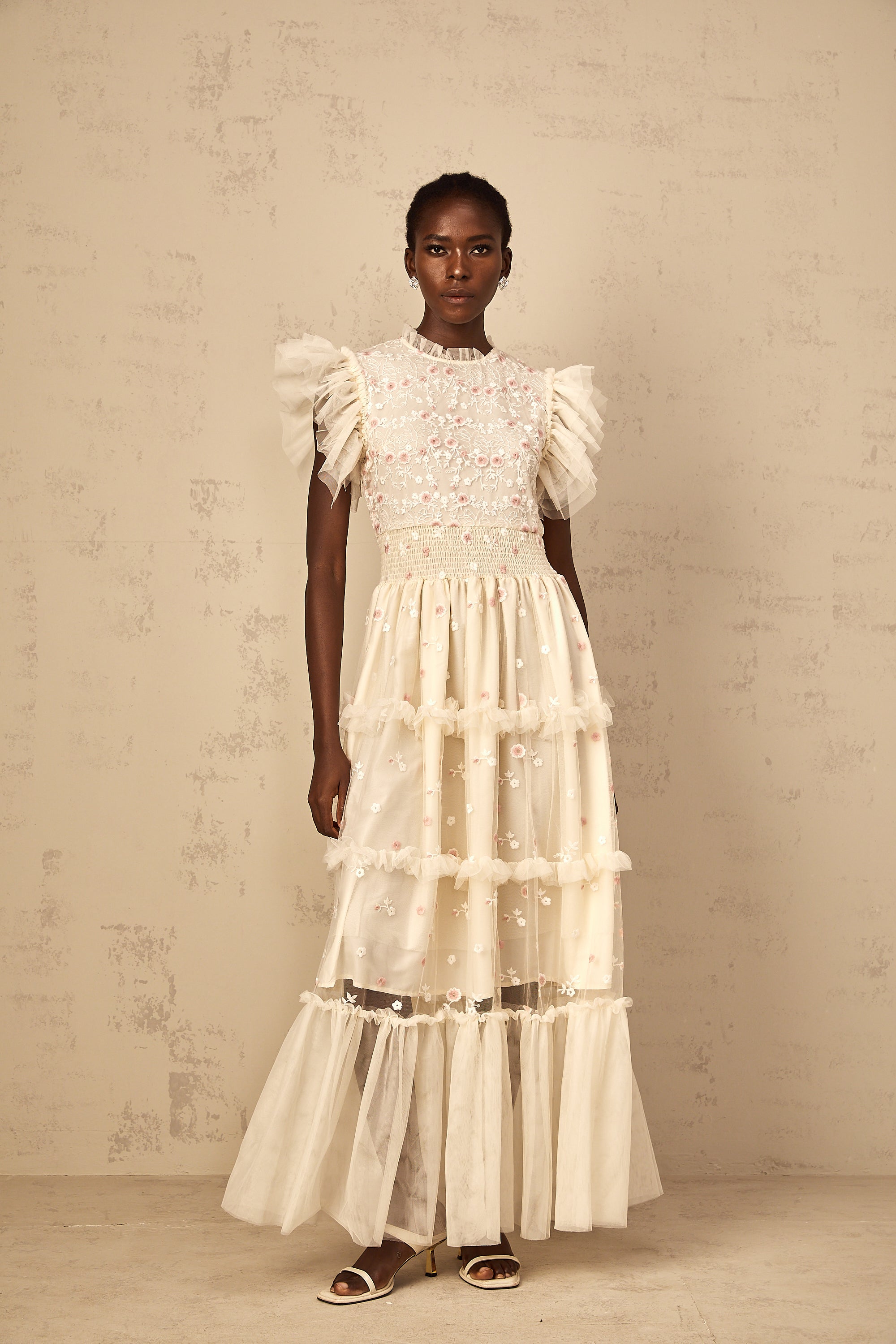 Caméo Cream White Floral Embroidered Tiered Tulle Maxi Dress