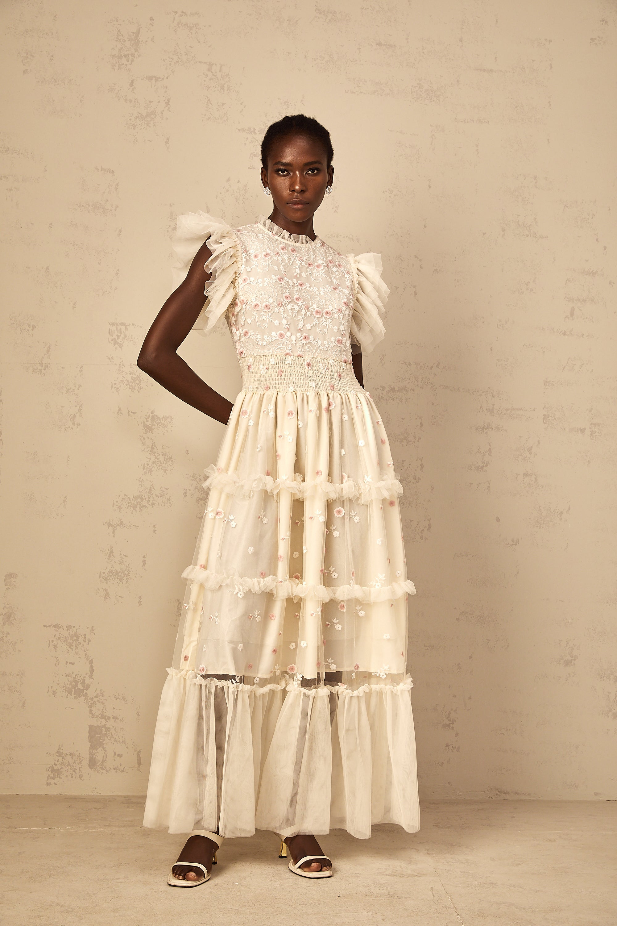 Caméo Cream White Floral Embroidered Tiered Tulle Maxi Dress