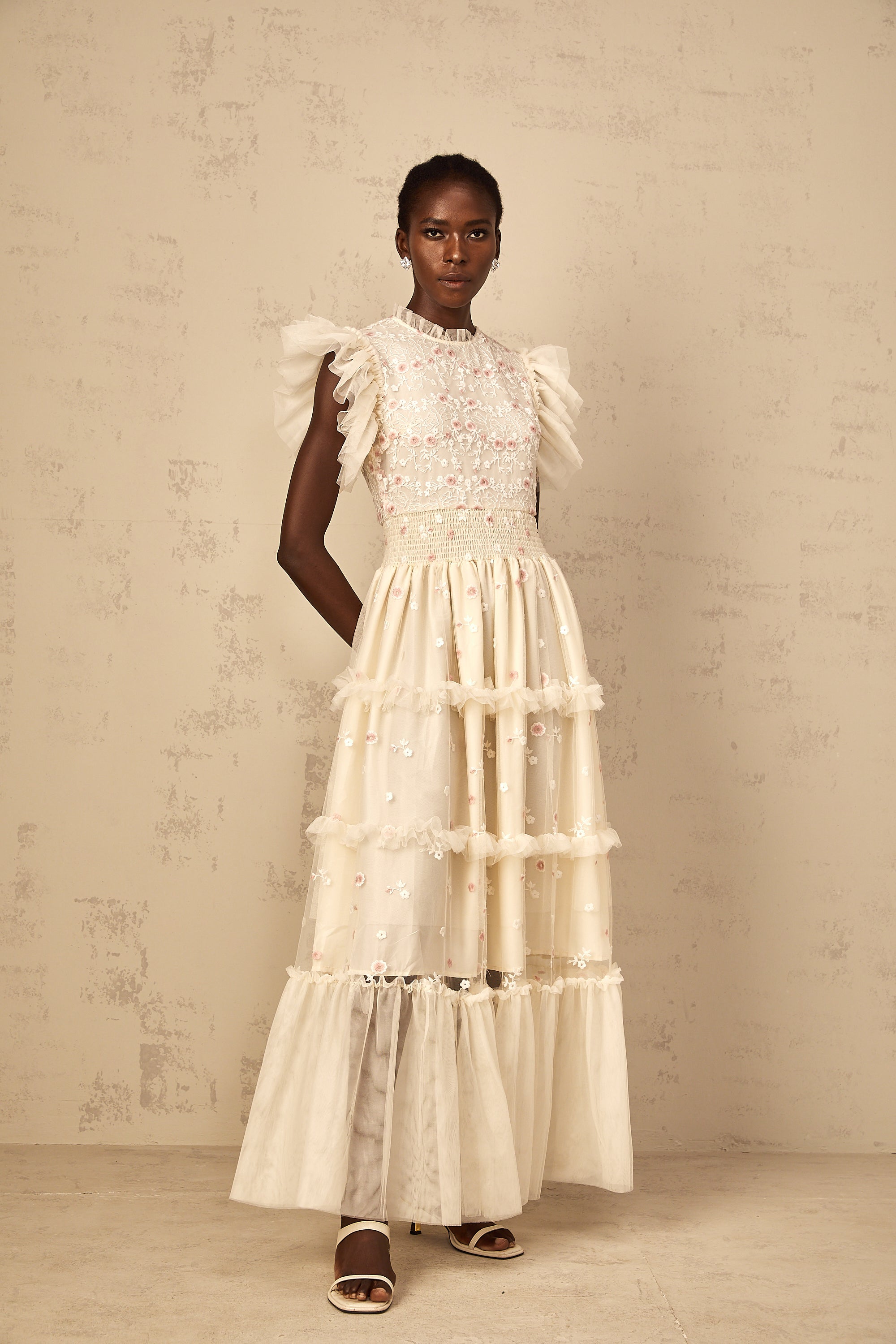 Caméo Cream White Floral Embroidered Tiered Tulle Maxi Dress