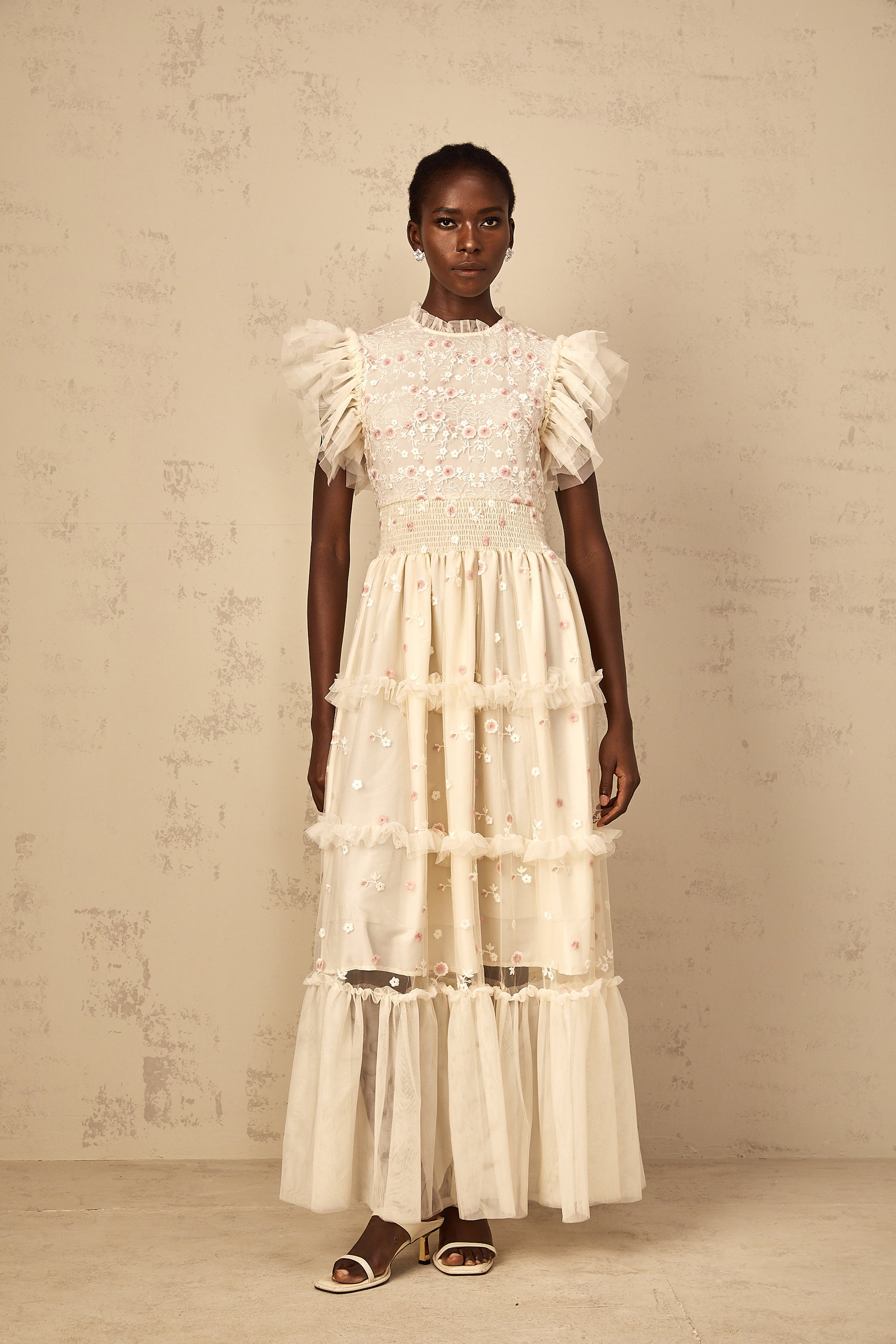 Caméo Cream White Floral Embroidered Tiered Tulle Maxi Dress