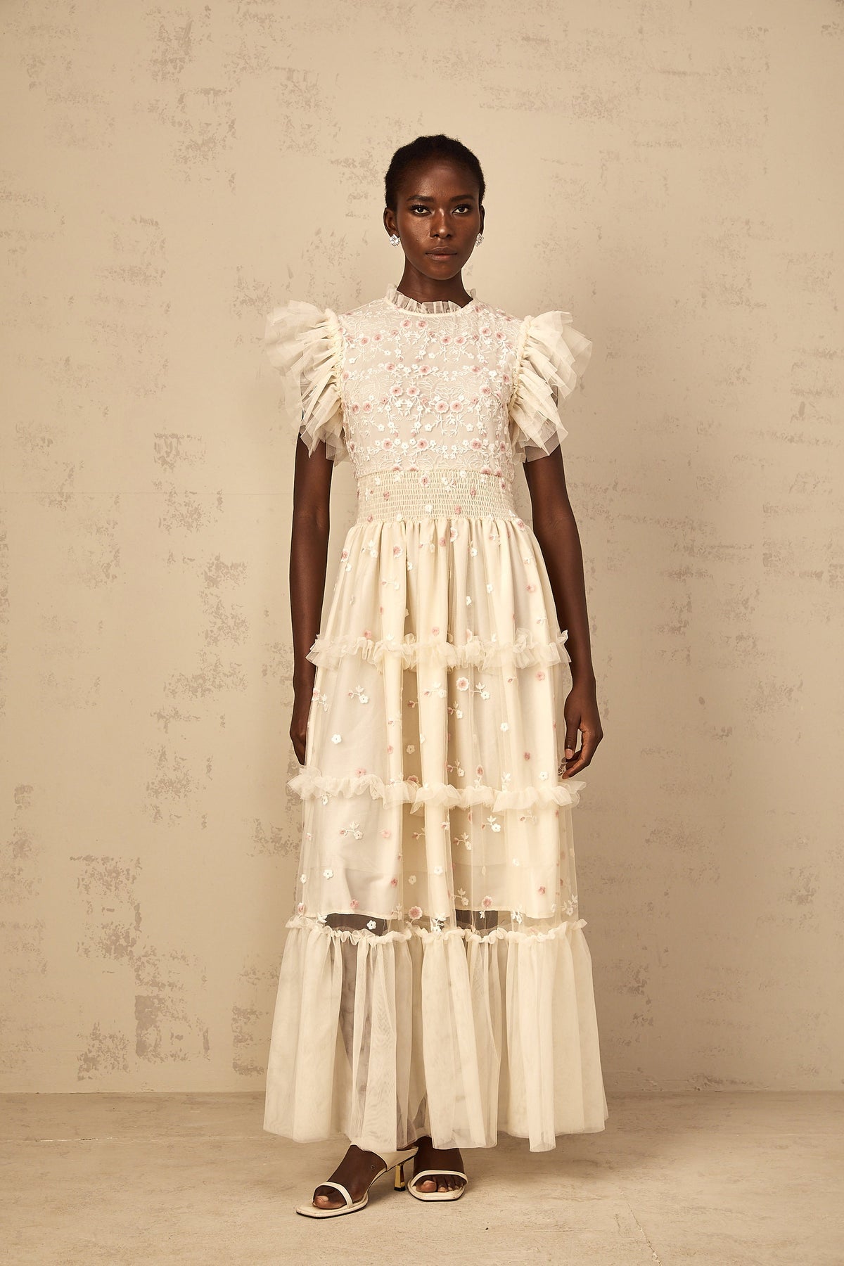 Caméo Cream White Floral Embroidered Tiered Tulle Maxi Dress