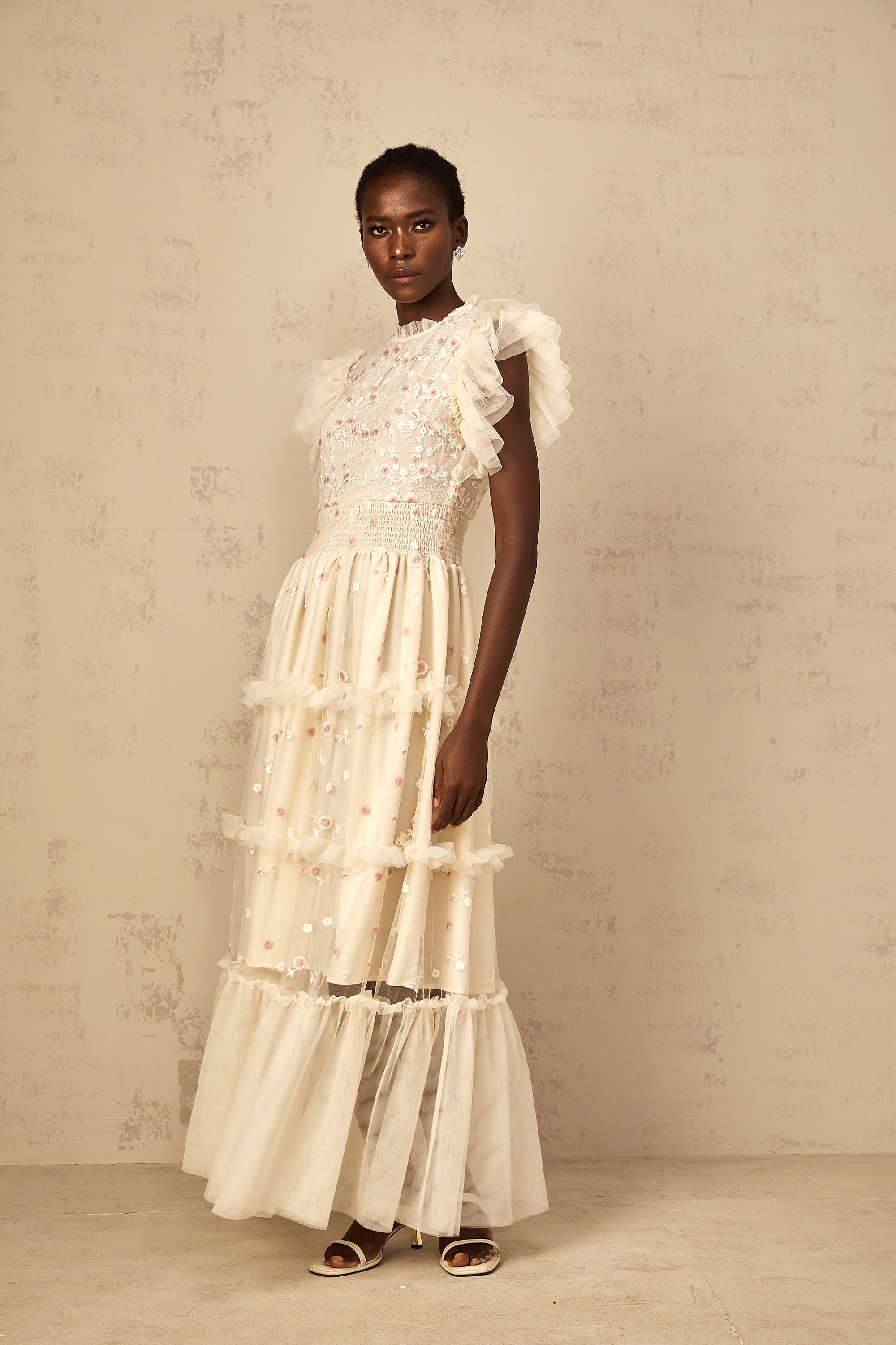 Caméo Cream White Floral Embroidered Tiered Tulle Maxi Dress
