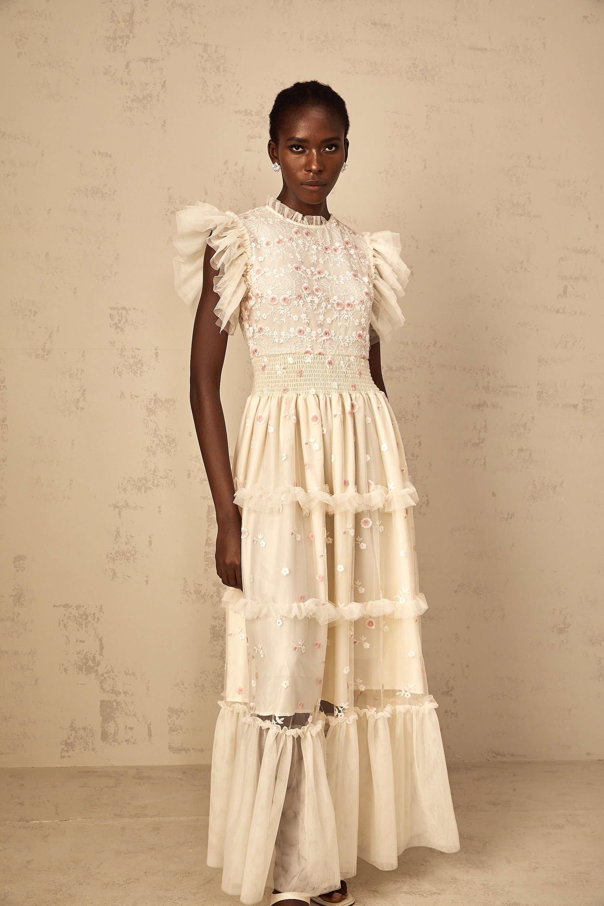 Caméo Cream White Floral Embroidered Tiered Tulle Maxi Dress