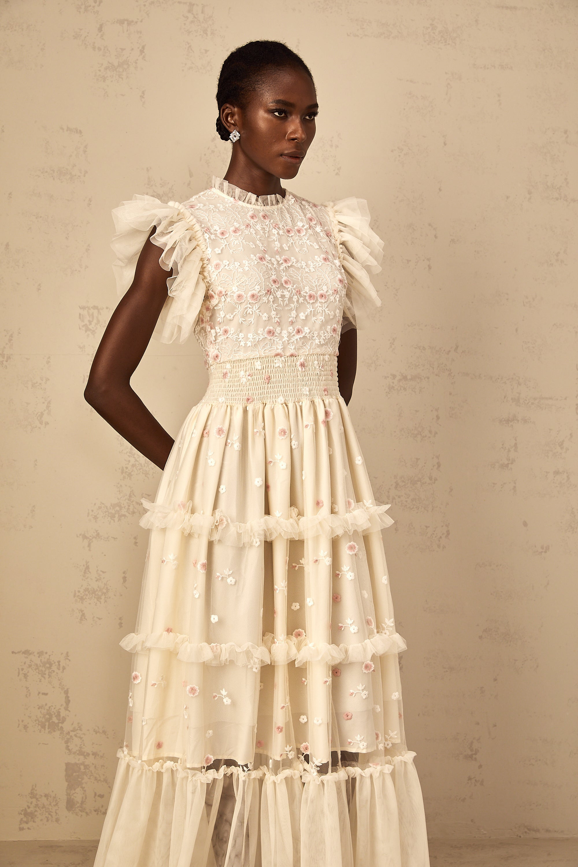 Caméo Cream White Floral Embroidered Tiered Tulle Maxi Dress