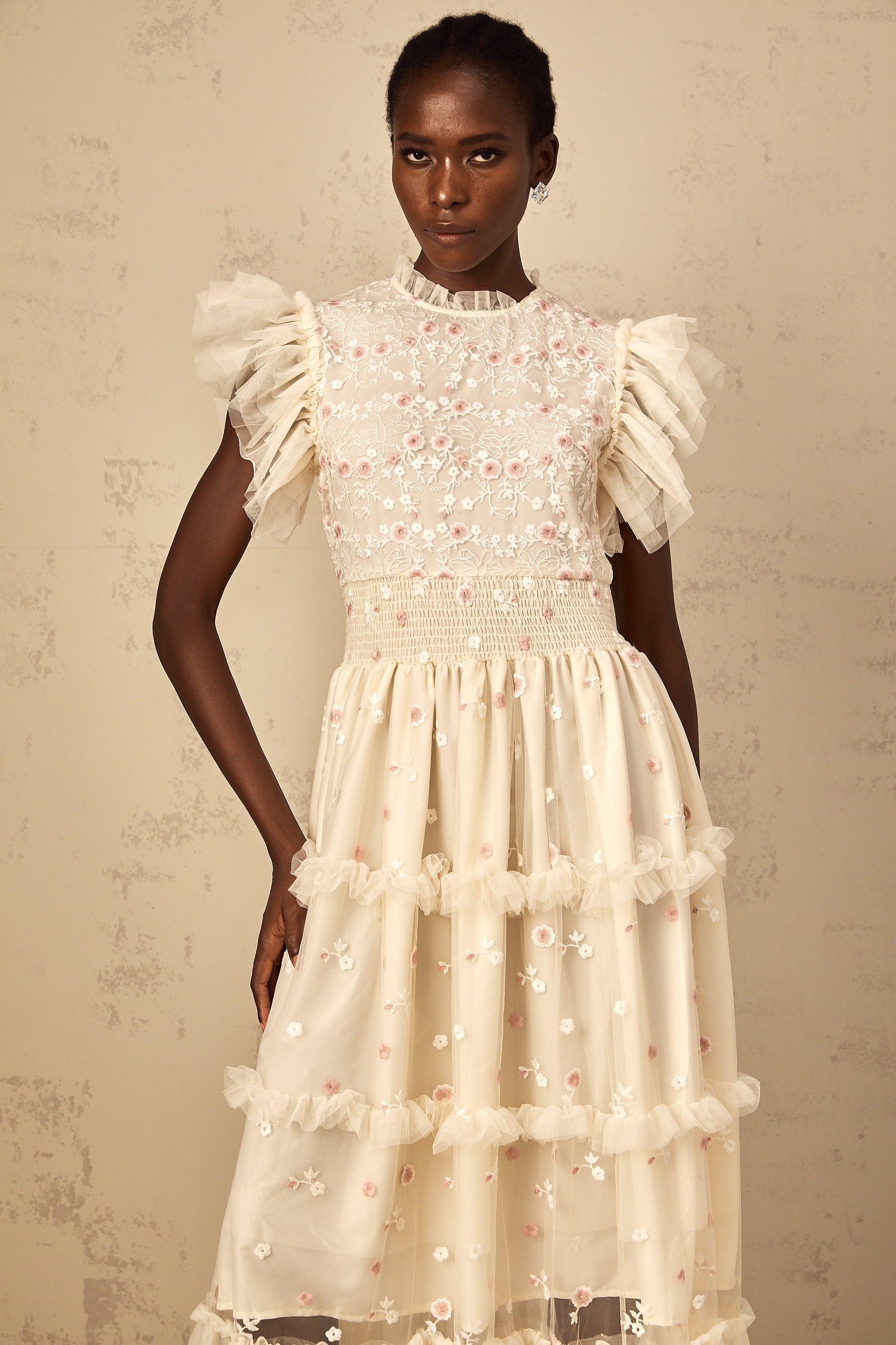 Caméo Cream White Floral Embroidered Tiered Tulle Maxi Dress