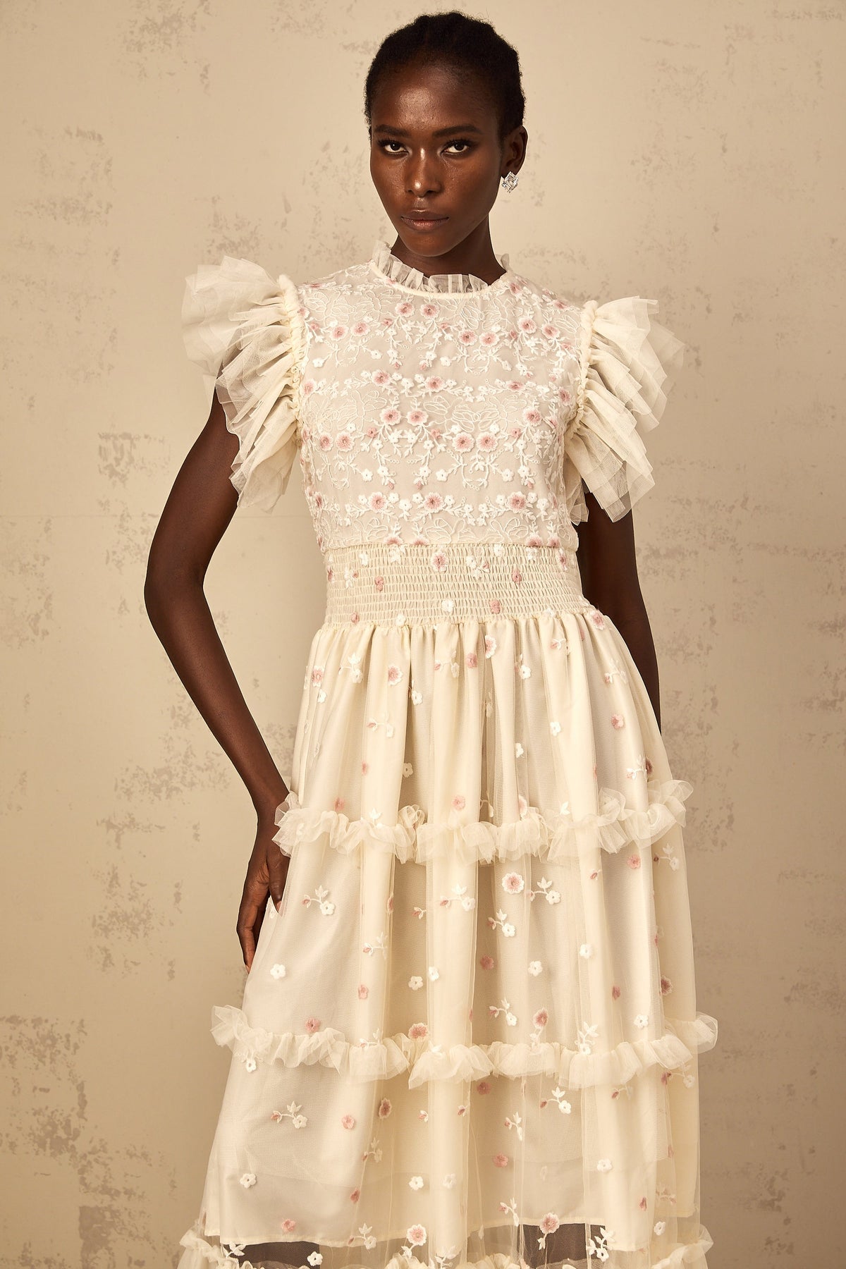 Caméo Cream White Floral Embroidered Tiered Tulle Maxi Dress