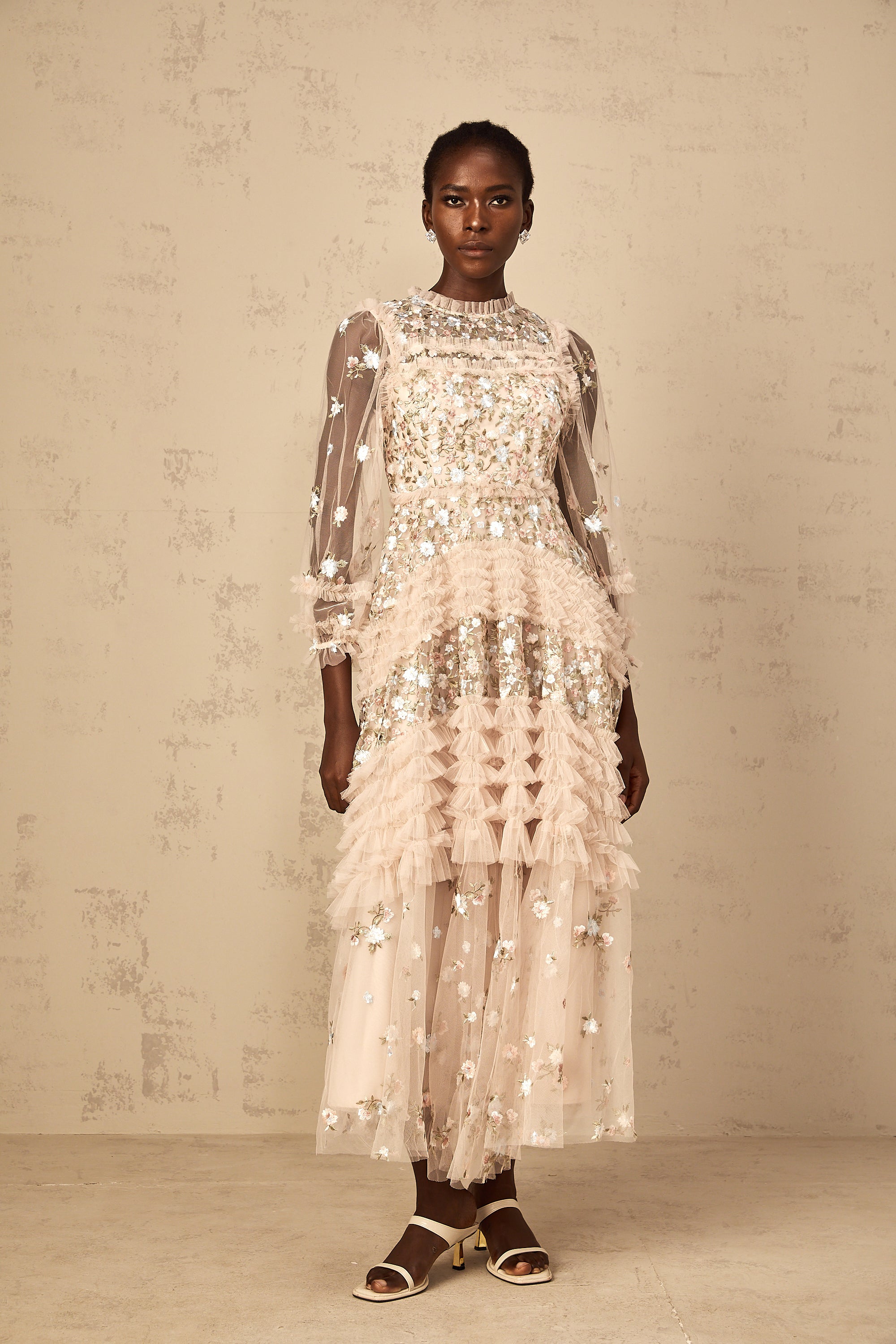 Dianthe Floral Embroidered Tiered Tulle Maxi Dress