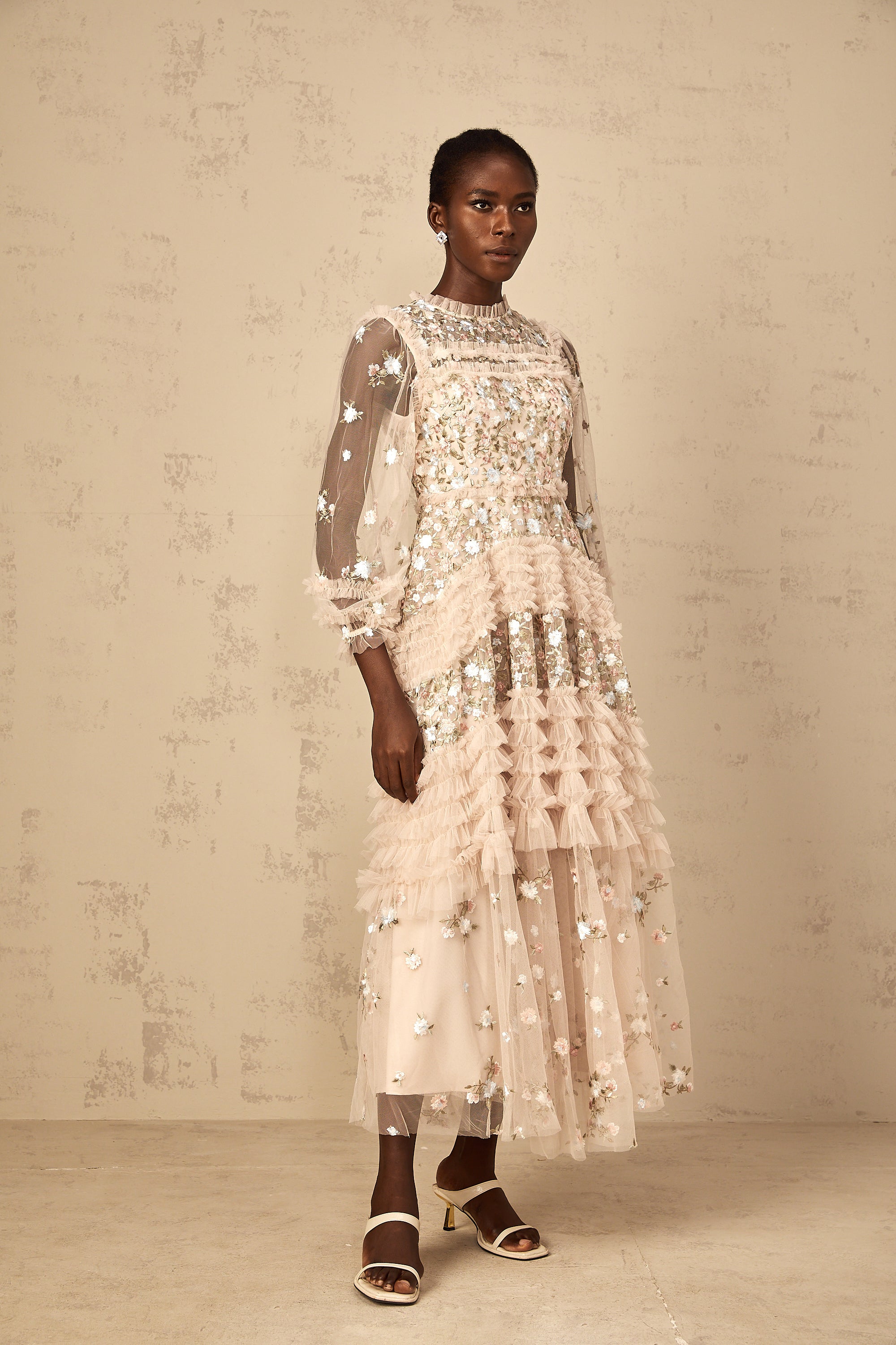 Dianthe Floral Embroidered Tiered Tulle Maxi Dress