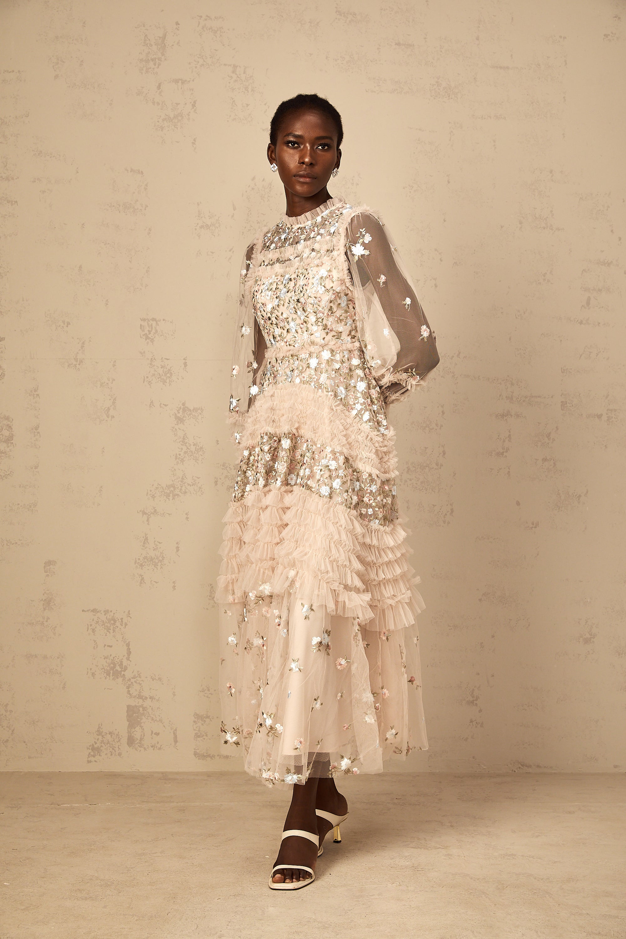 Dianthe Floral Embroidered Tiered Tulle Maxi Dress
