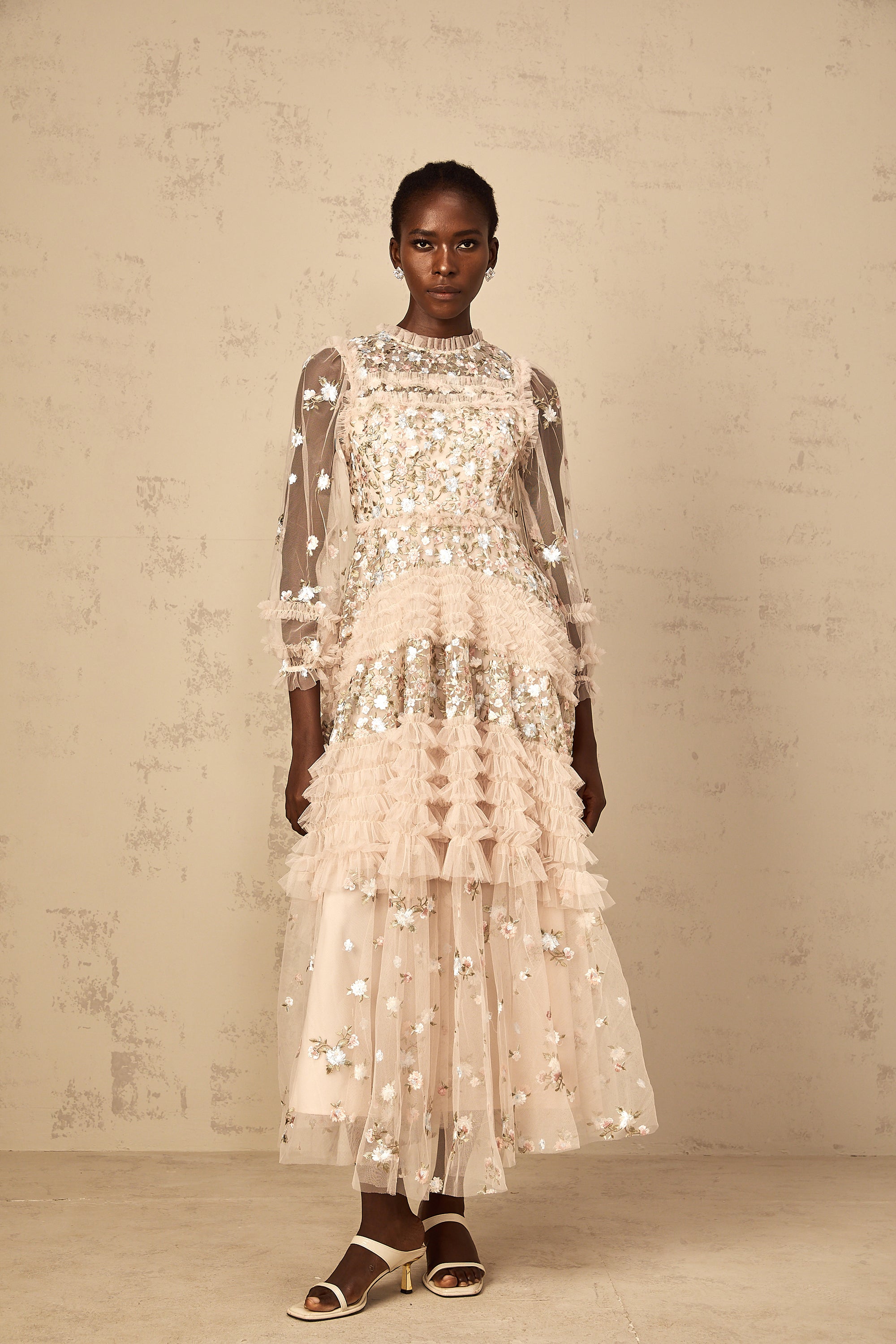 Dianthe Floral Embroidered Tiered Tulle Maxi Dress