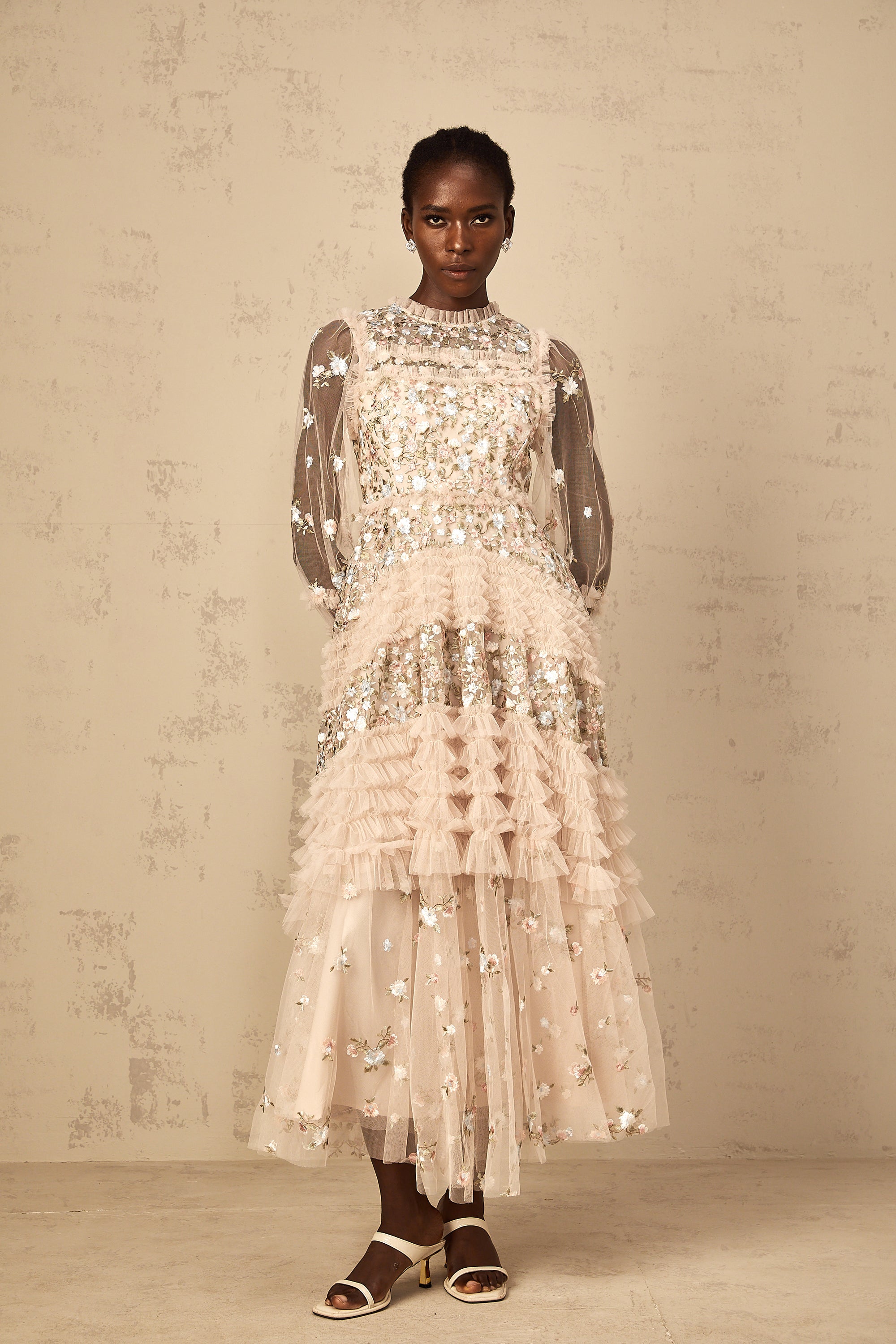 Dianthe Floral Embroidered Tiered Tulle Maxi Dress