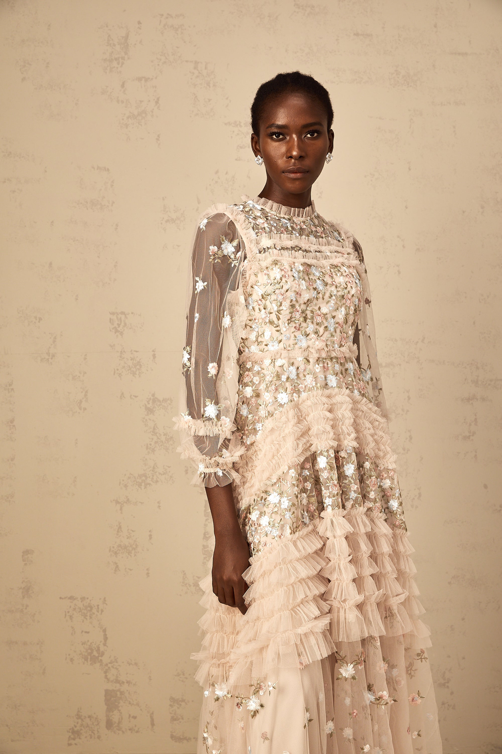 Dianthe Floral Embroidered Tiered Tulle Maxi Dress