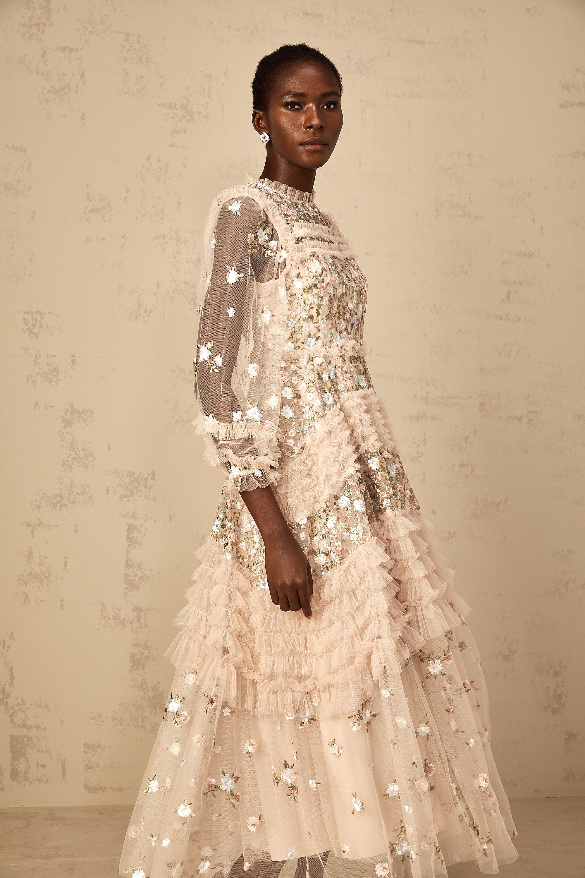 Dianthe Floral Embroidered Tiered Tulle Maxi Dress