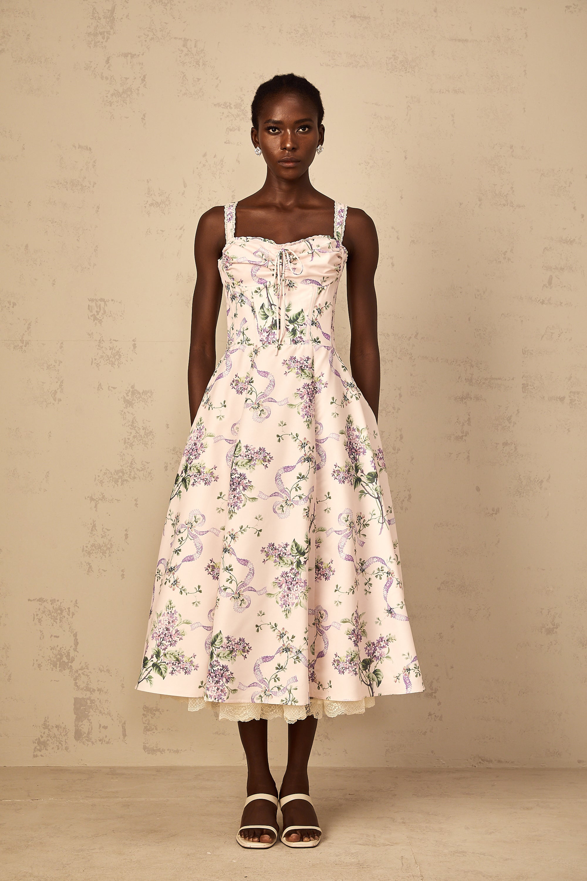 Eole Pink Floral Print Shirred Midi Dress