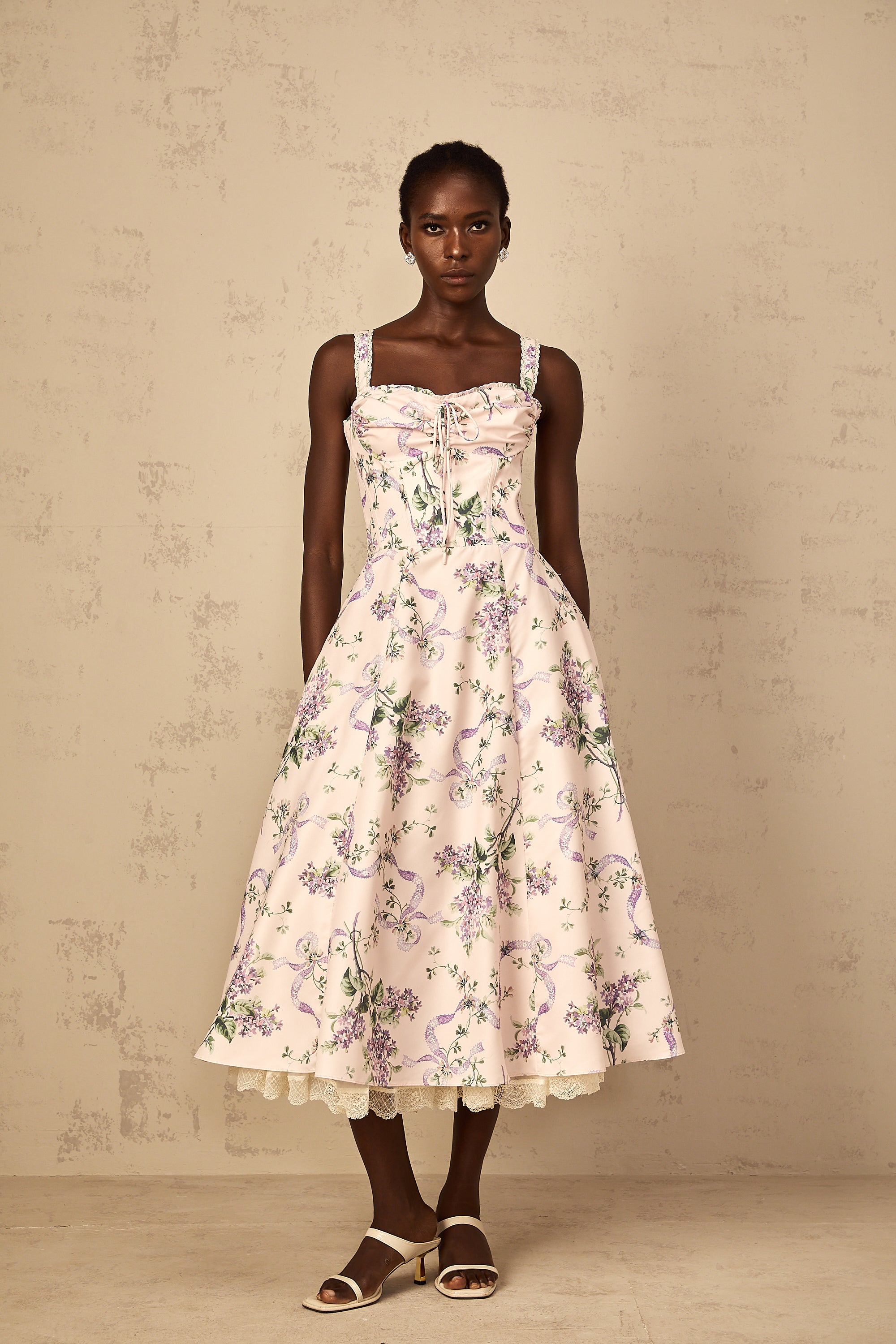 Eole Pink Floral Print Shirred Midi Dress