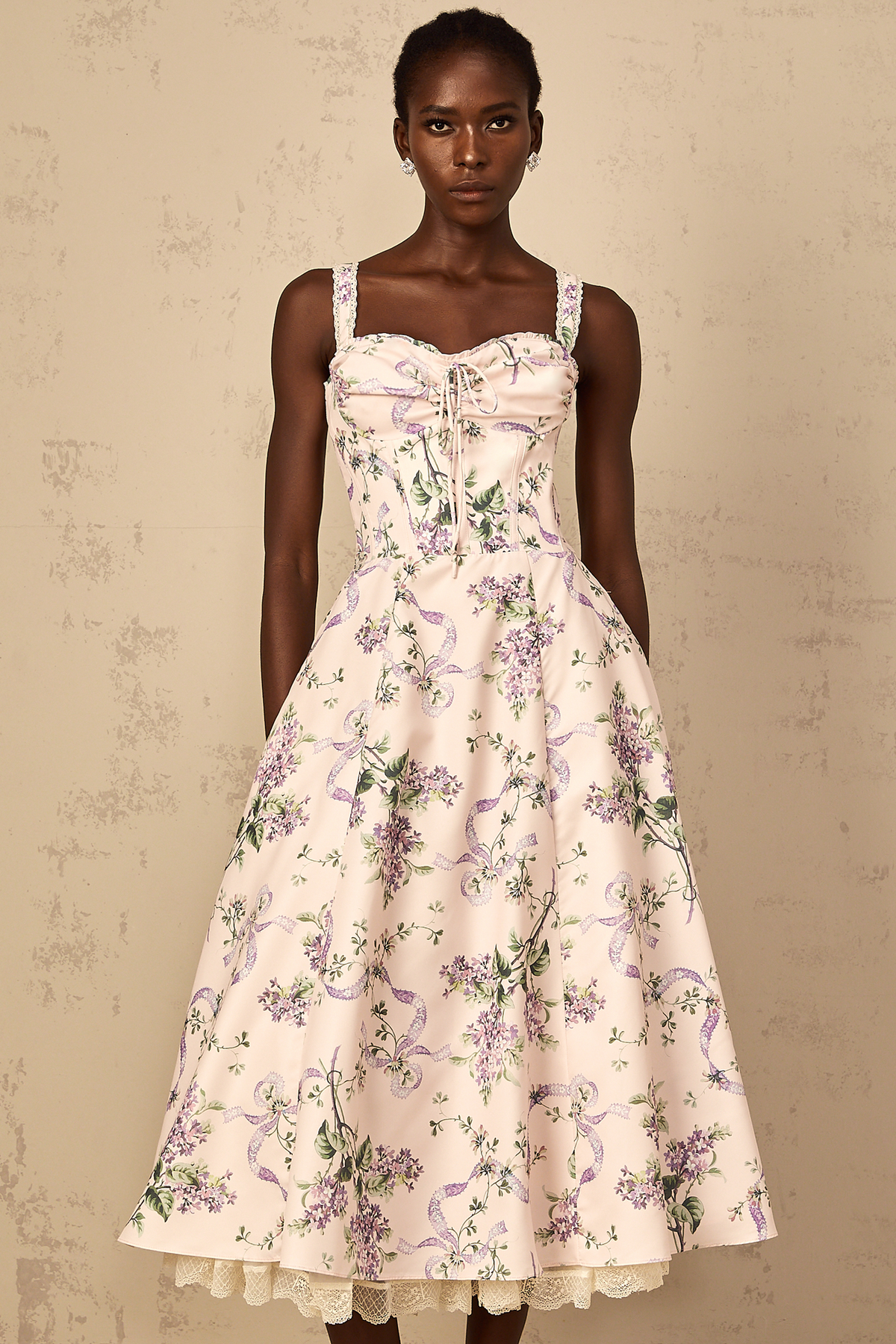 Eole Pink Floral Print Shirred Midi Dress