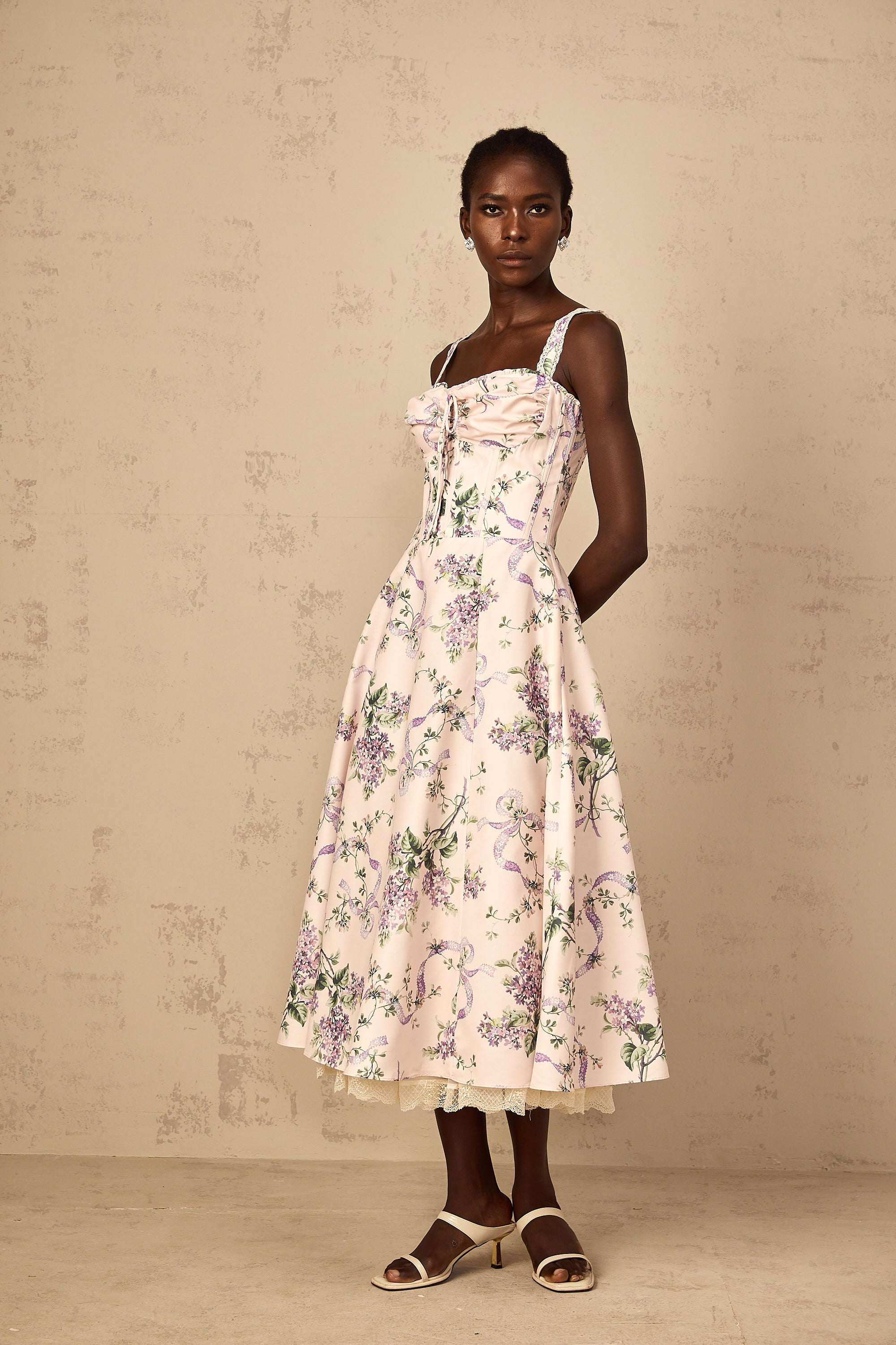 Eole Pink Floral Print Shirred Midi Dress