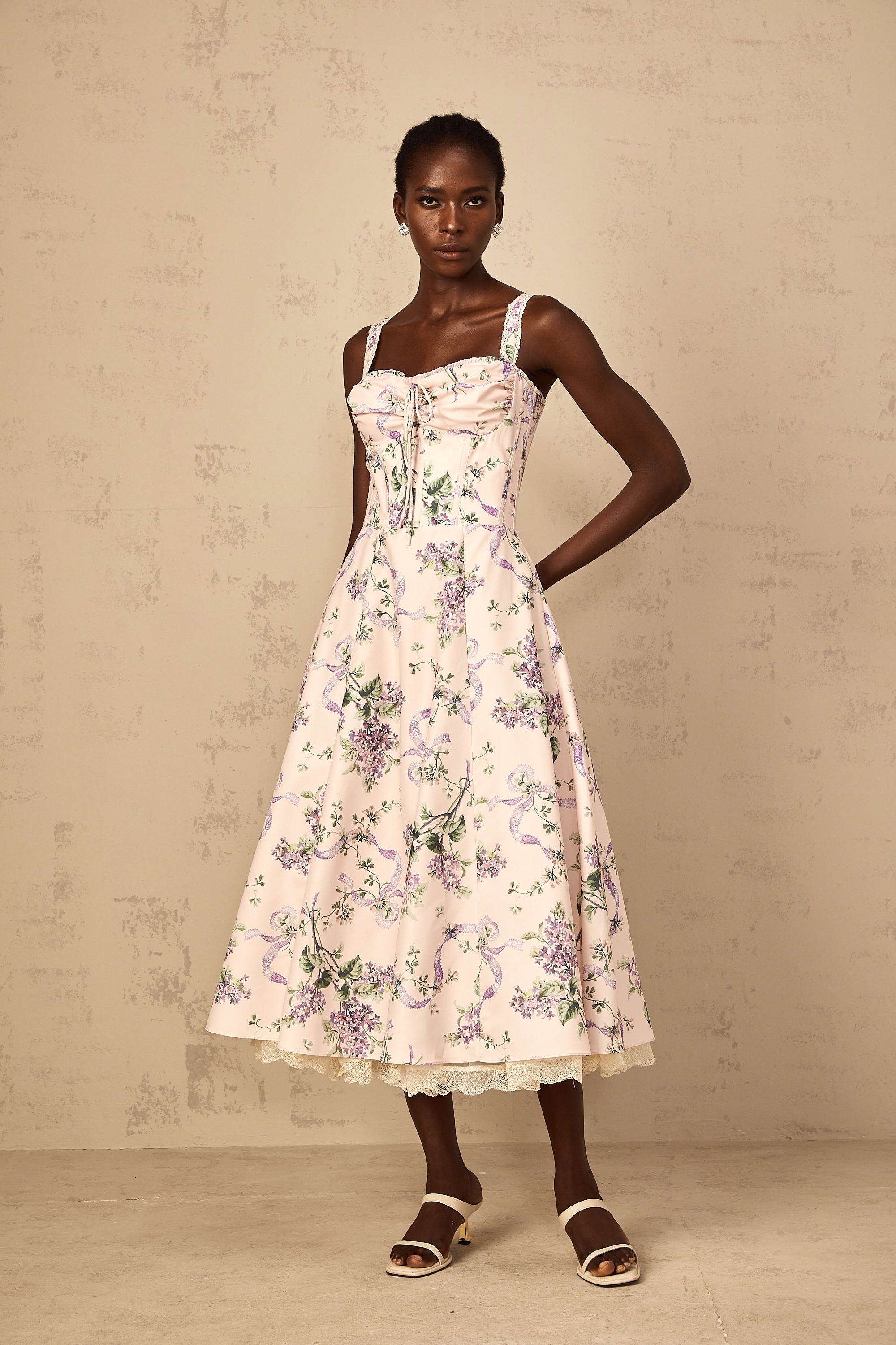 Eole Pink Floral Print Shirred Midi Dress