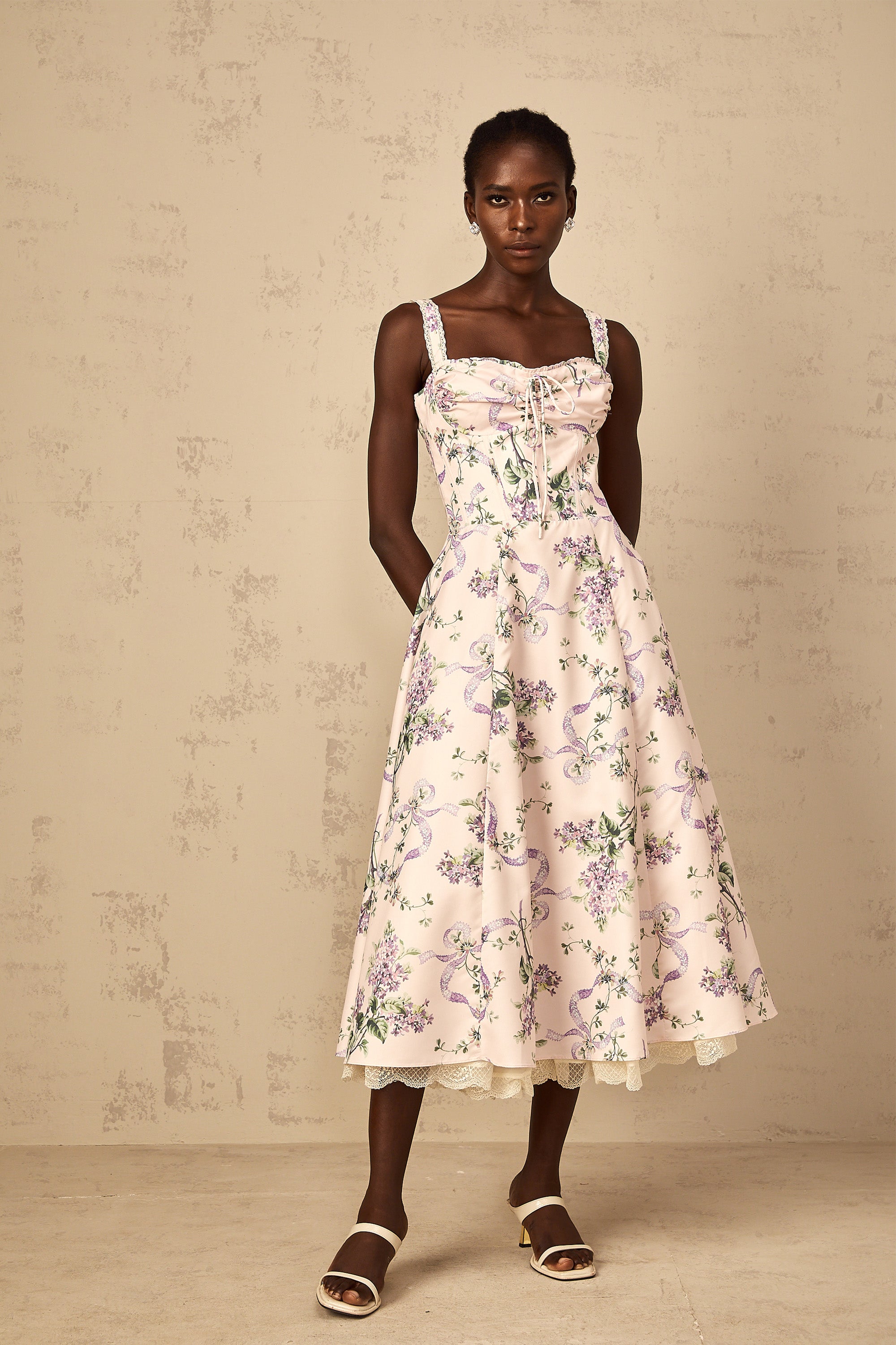 Eole Pink Floral Print Shirred Midi Dress