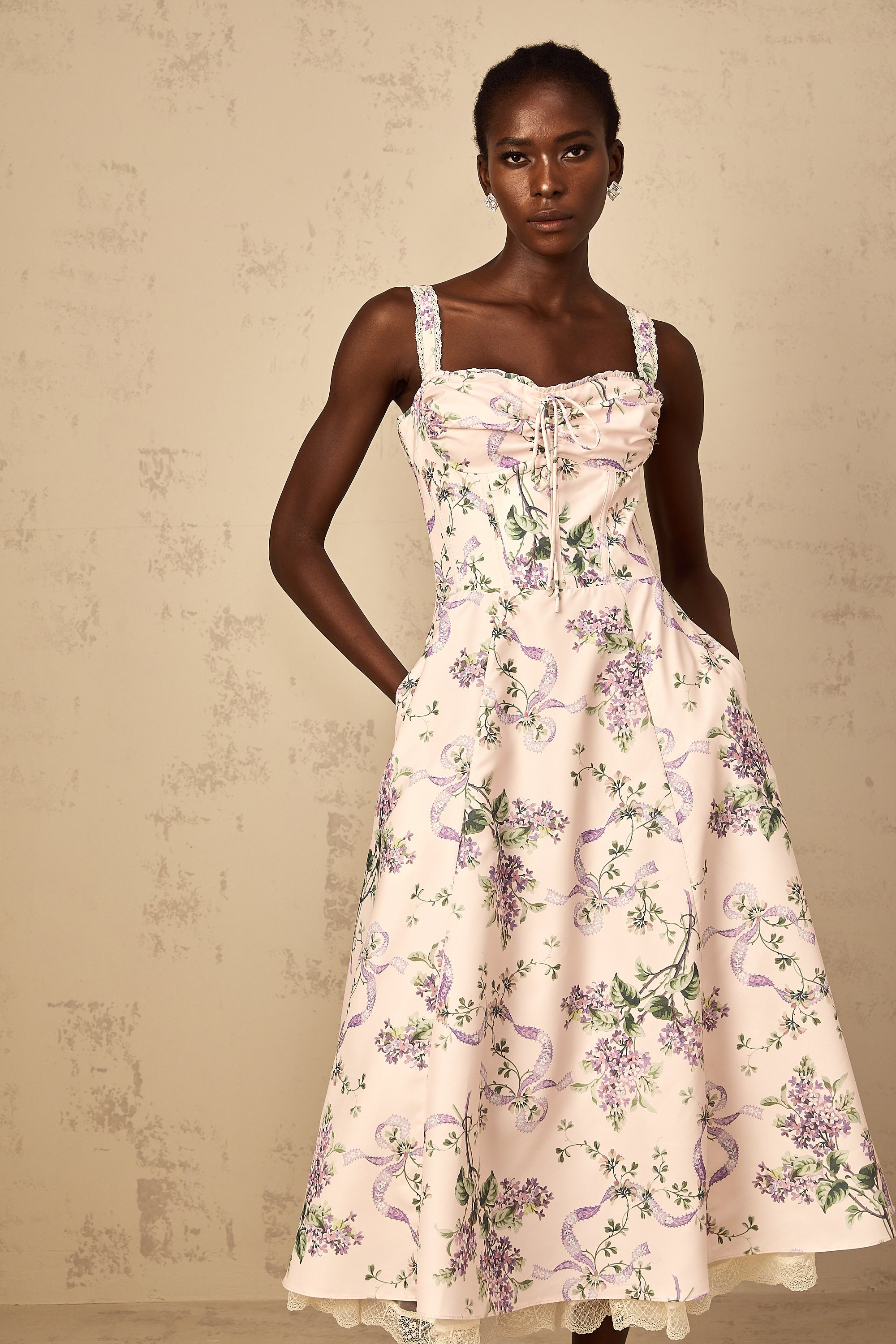 Eole Pink Floral Print Shirred Midi Dress