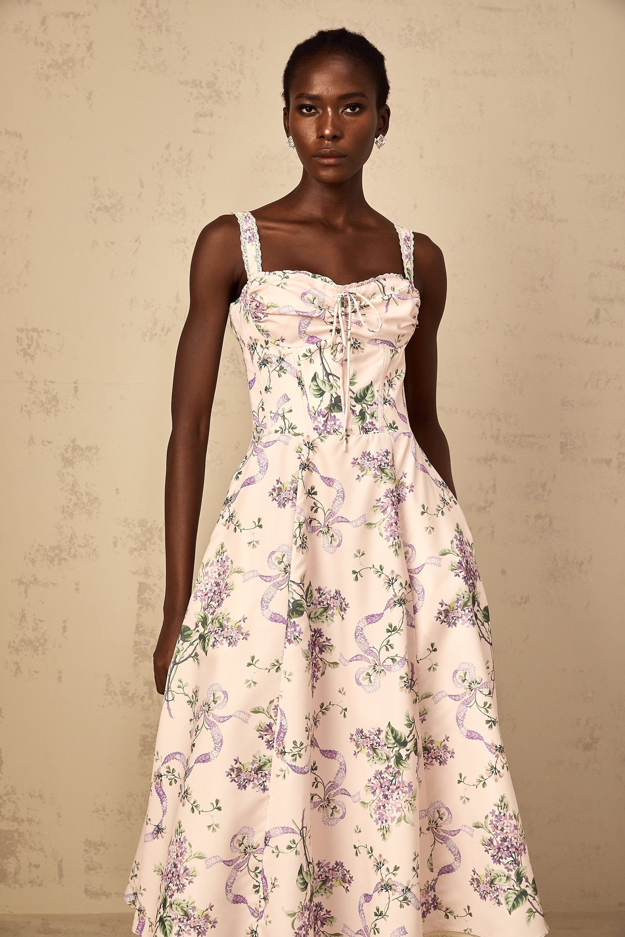 Eole Pink Floral Print Shirred Midi Dress