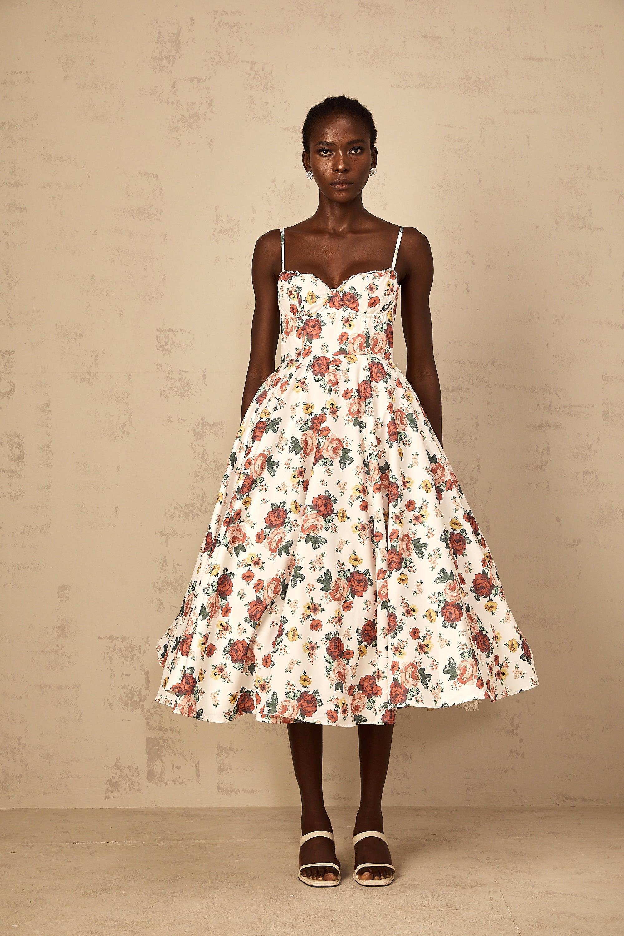 Airelle White Rose Print Flounced Midi Dress