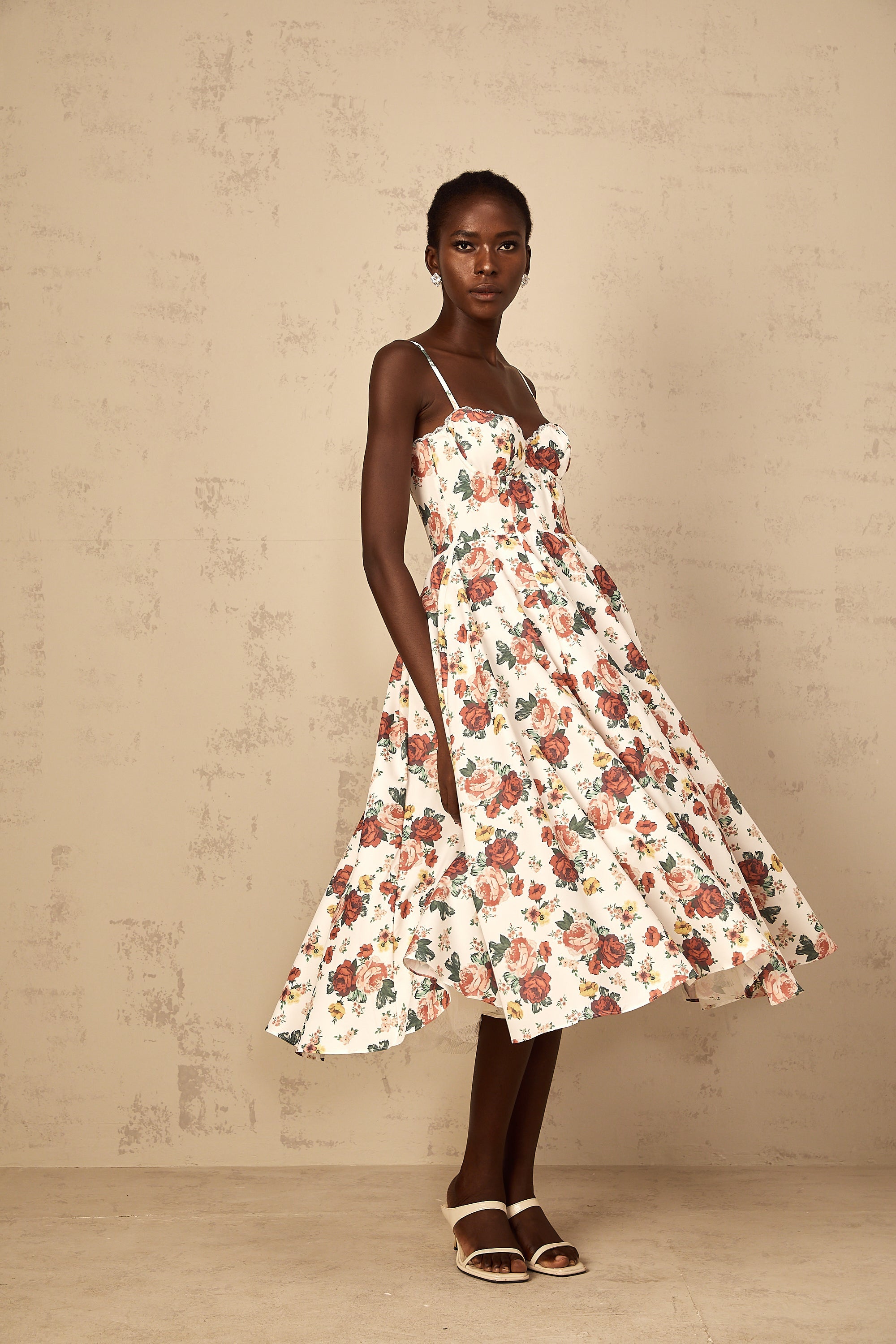 Airelle White Rose Print Flounced Midi Dress