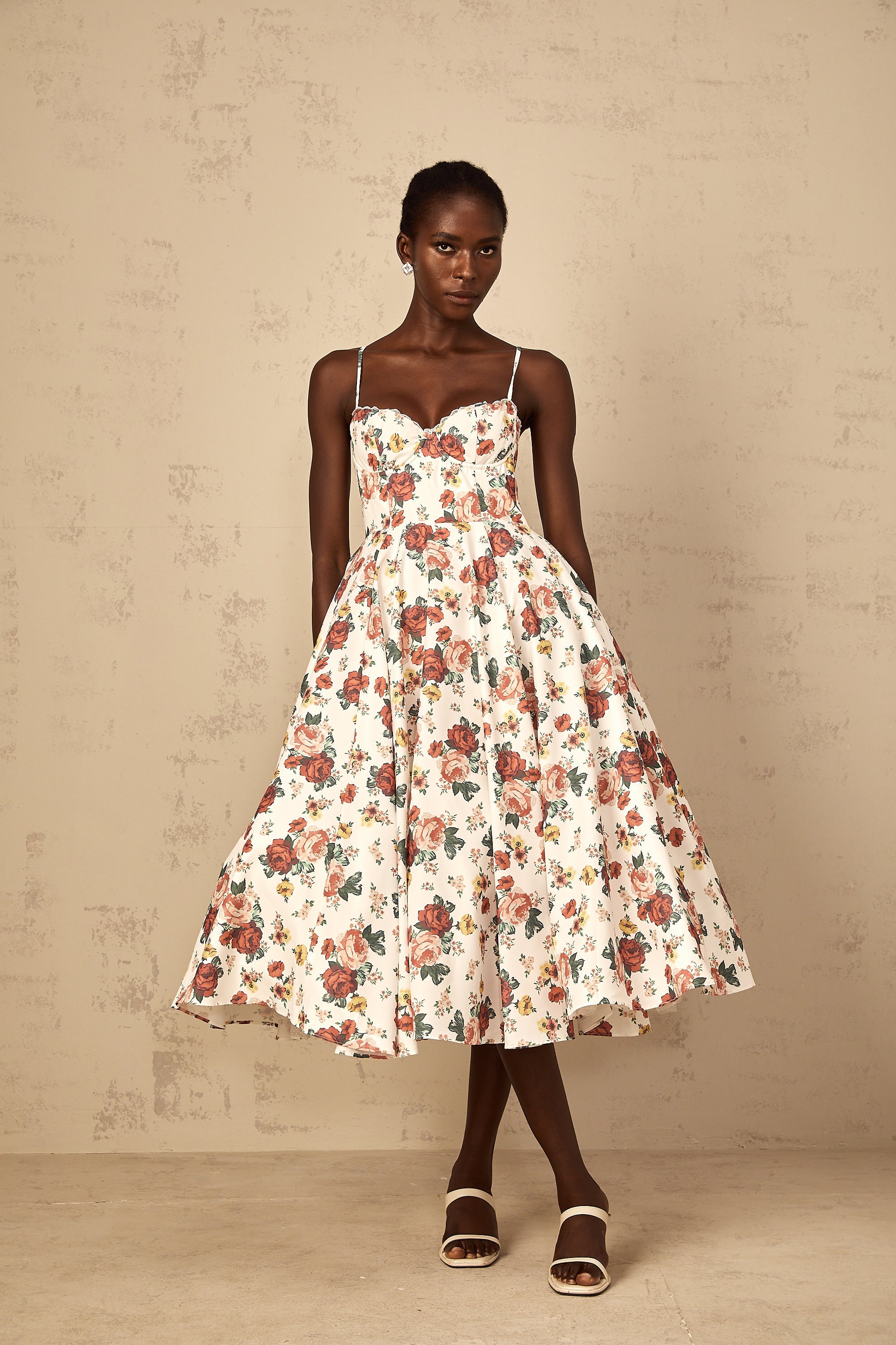 Airelle White Rose Print Flounced Midi Dress