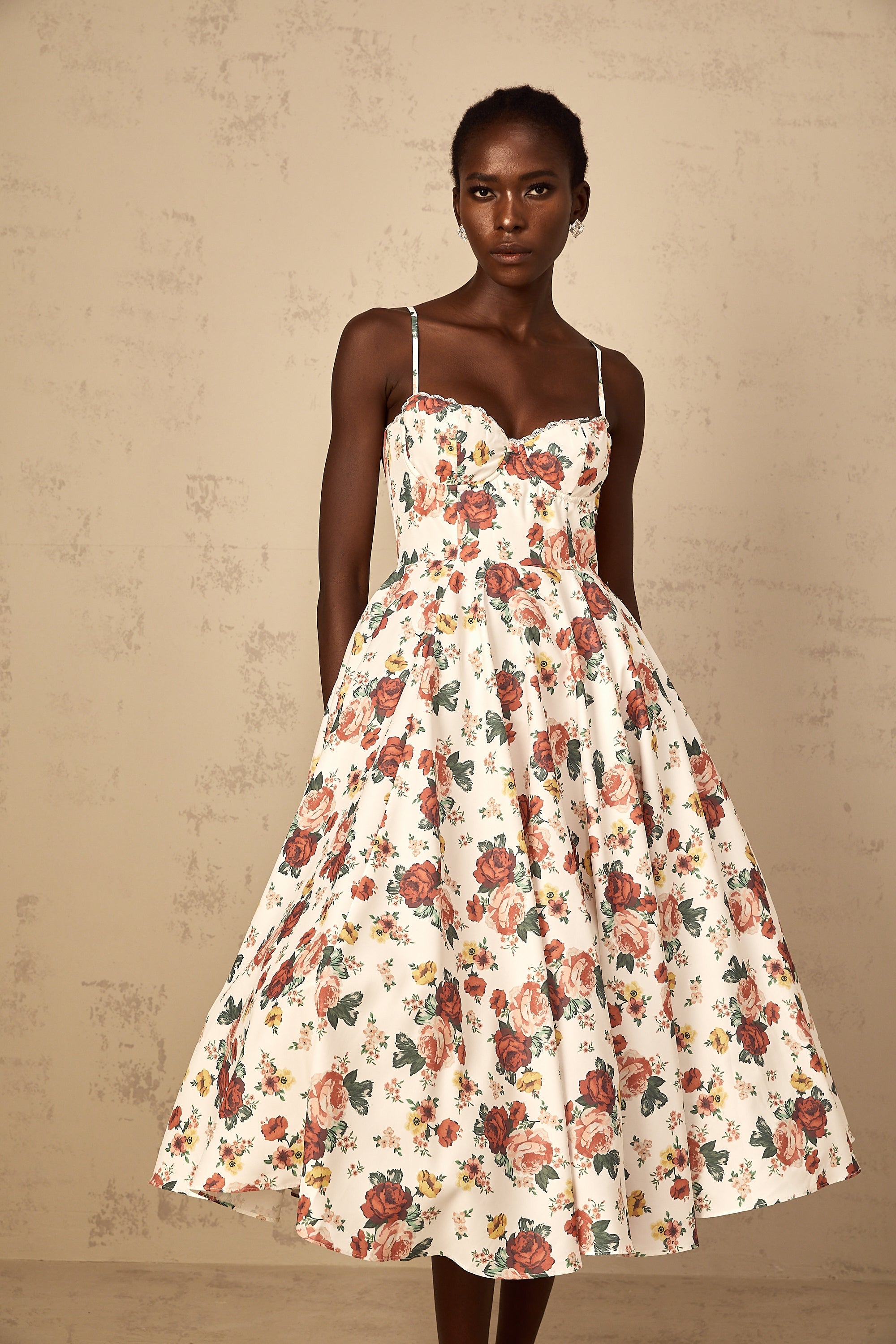 Airelle White Rose Print Flounced Midi Dress