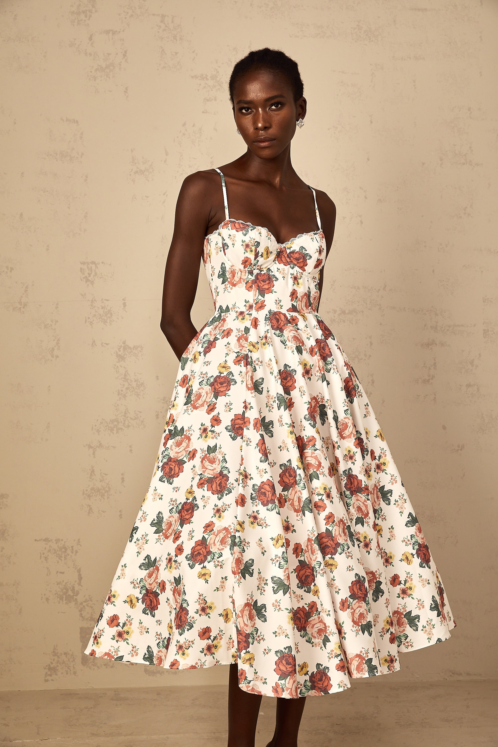 Airelle White Rose Print Flounced Midi Dress