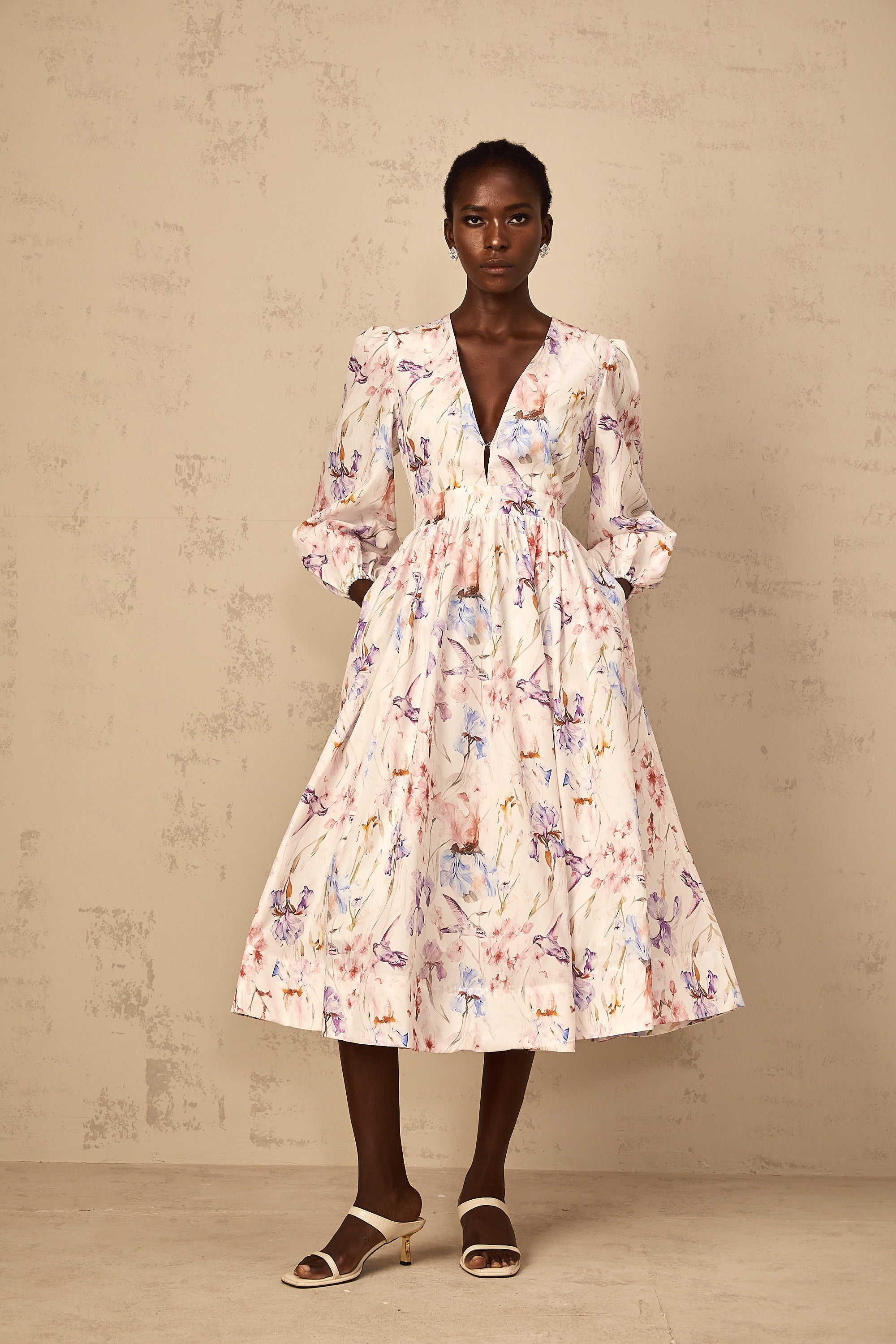 Géraldine White V-Neck Floral Print Midi Dress (Final Sale)